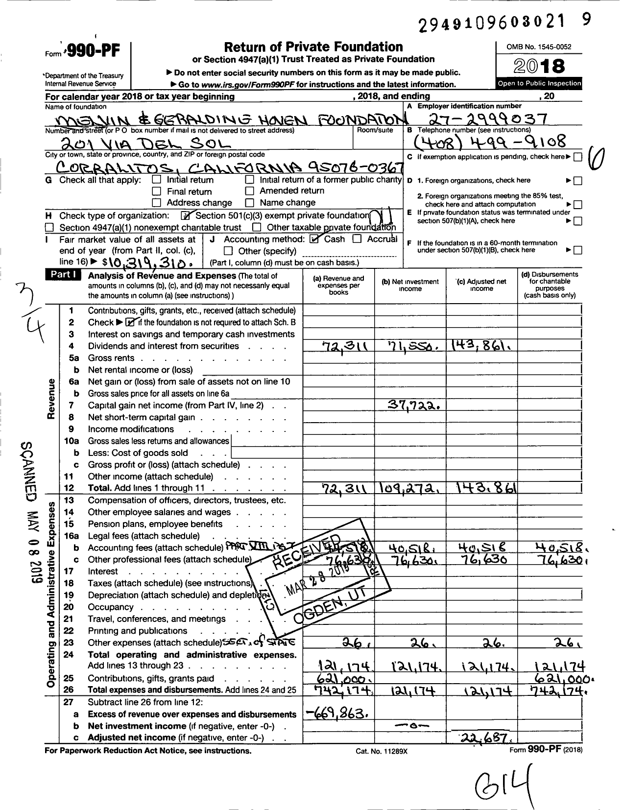 Image of first page of 2018 Form 990PF for Melvin and Geraldine Hoven Foundation