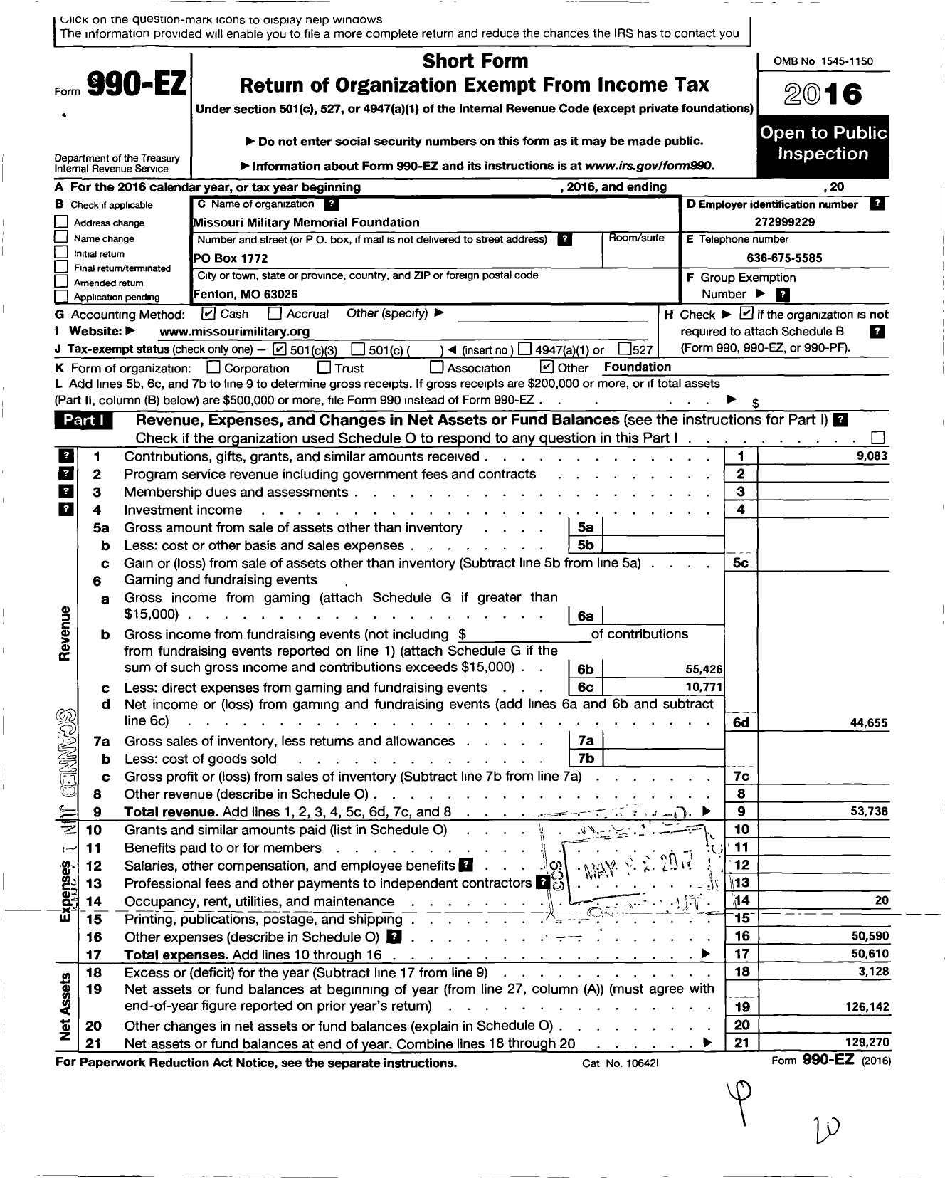 Image of first page of 2016 Form 990EZ for Missouri Military Memorial Foundation