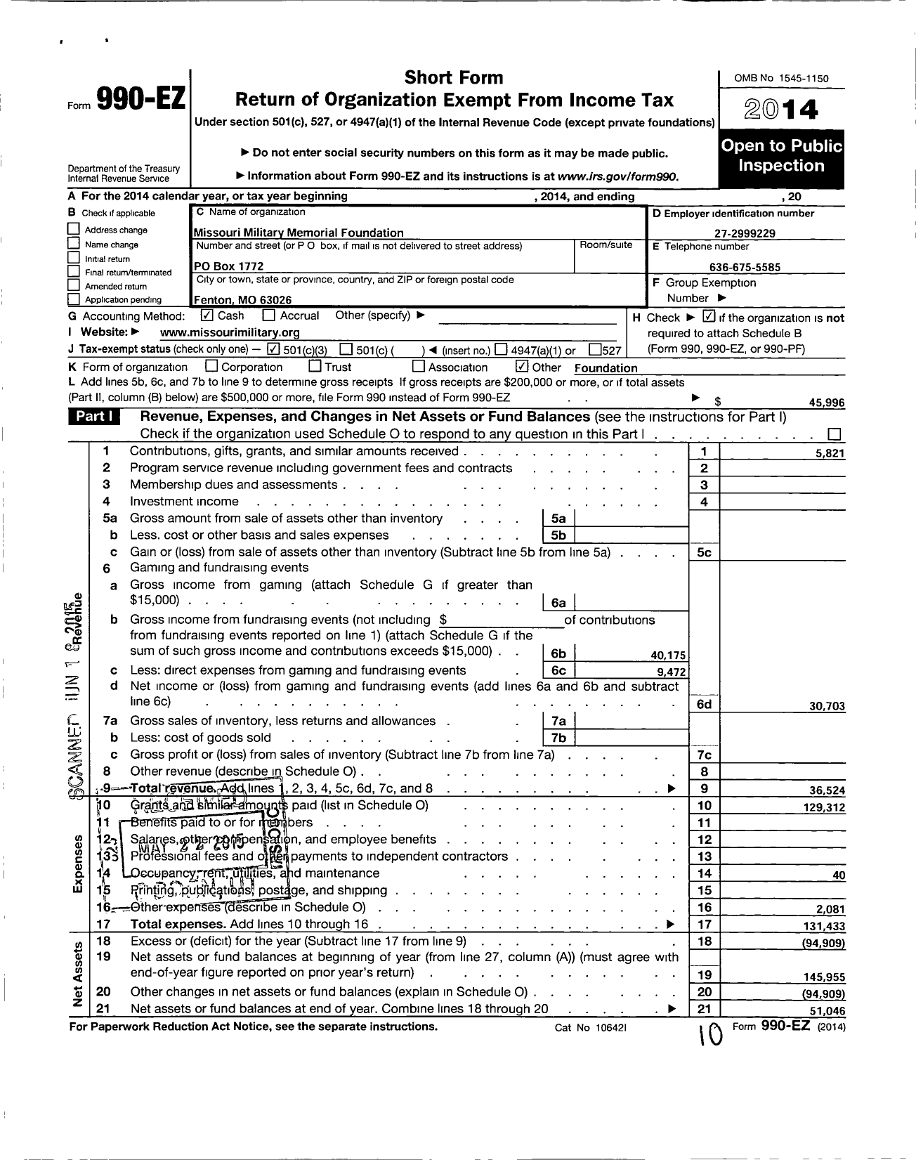 Image of first page of 2014 Form 990EZ for Missouri Military Memorial Foundation