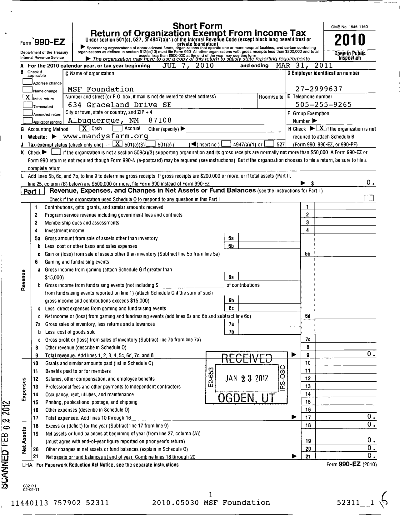 Image of first page of 2010 Form 990EZ for MSF Foundation