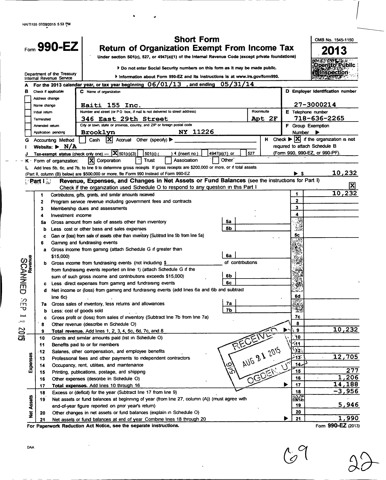 Image of first page of 2013 Form 990EZ for Haiti 155