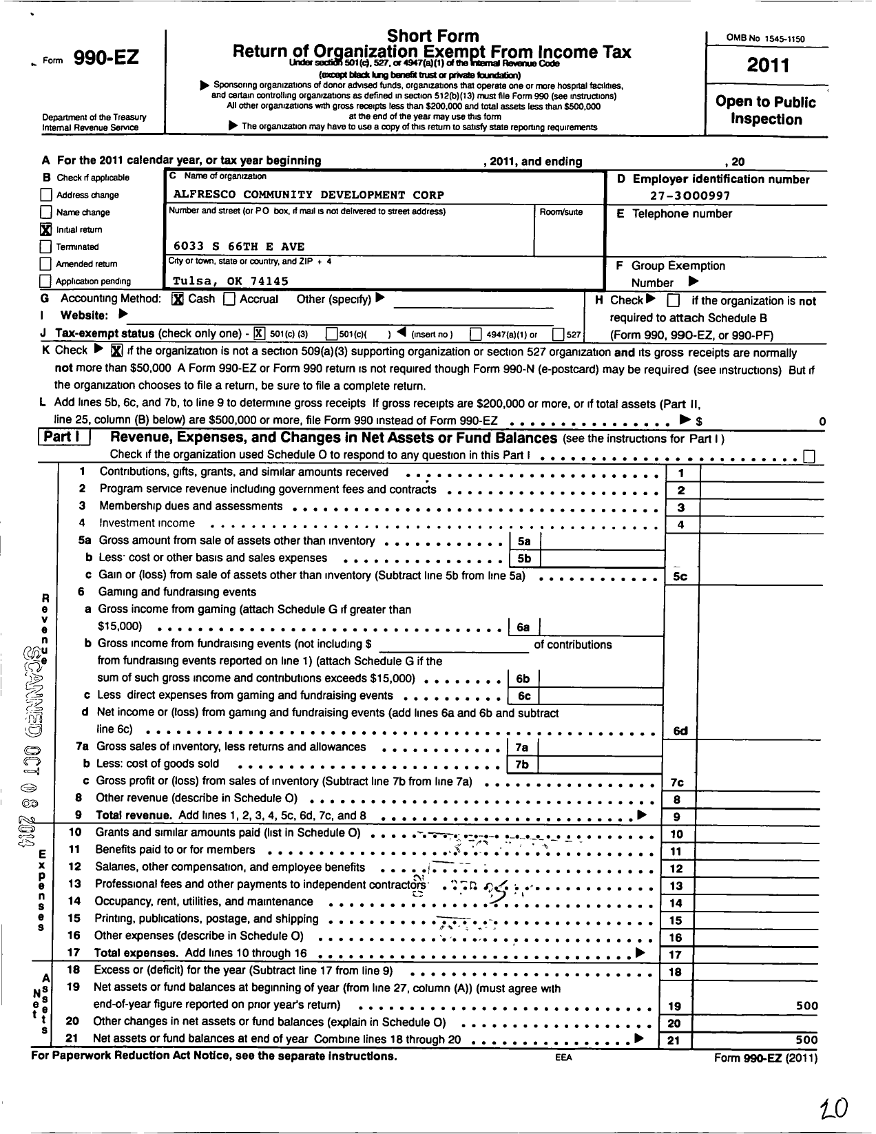 Image of first page of 2011 Form 990EZ for Alfresco Community Development Corporation