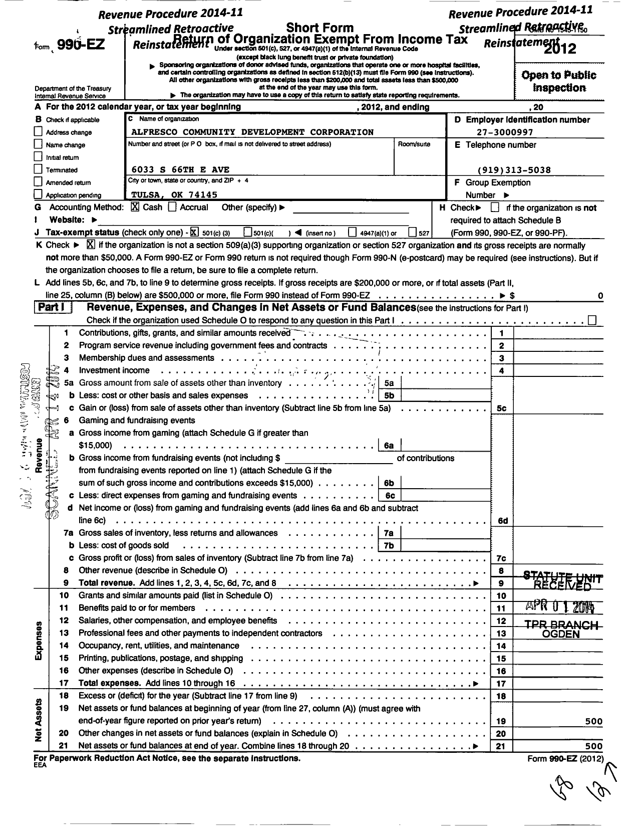 Image of first page of 2012 Form 990EZ for Alfresco Community Development Corporation