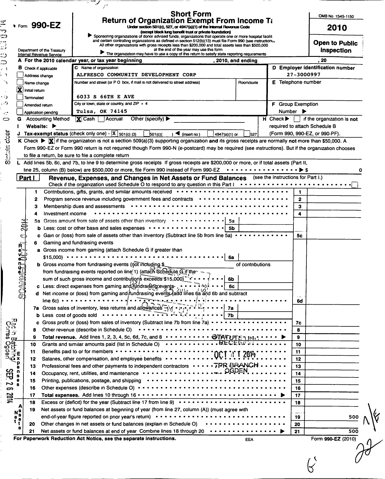 Image of first page of 2010 Form 990EZ for Alfresco Community Development Corporation