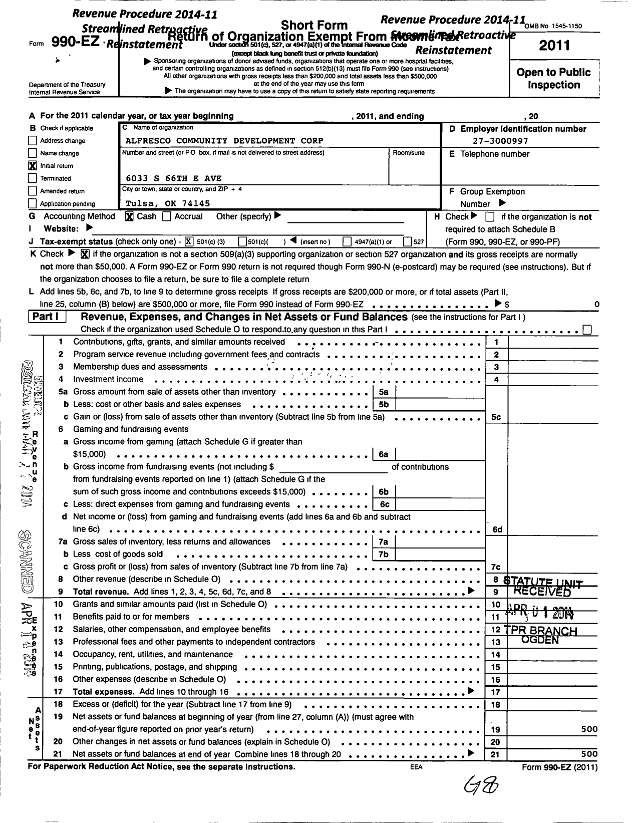 Image of first page of 2011 Form 990EZ for Alfresco Community Development Corporation