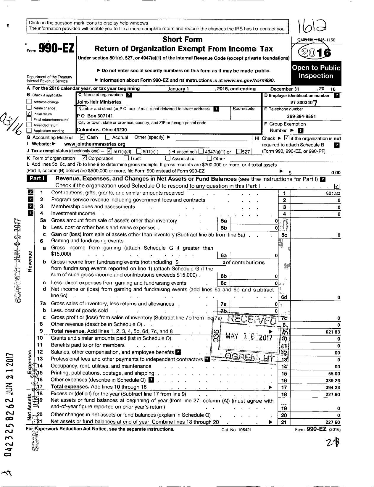 Image of first page of 2016 Form 990EZ for Joint-Heir Ministries