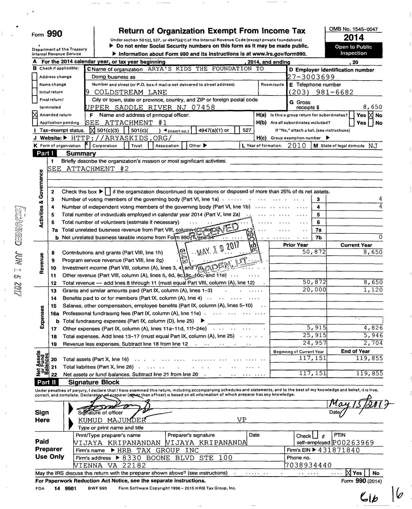 Image of first page of 2014 Form 990 for Aryas Kids - The Foundation To Fight Childhood Cancers