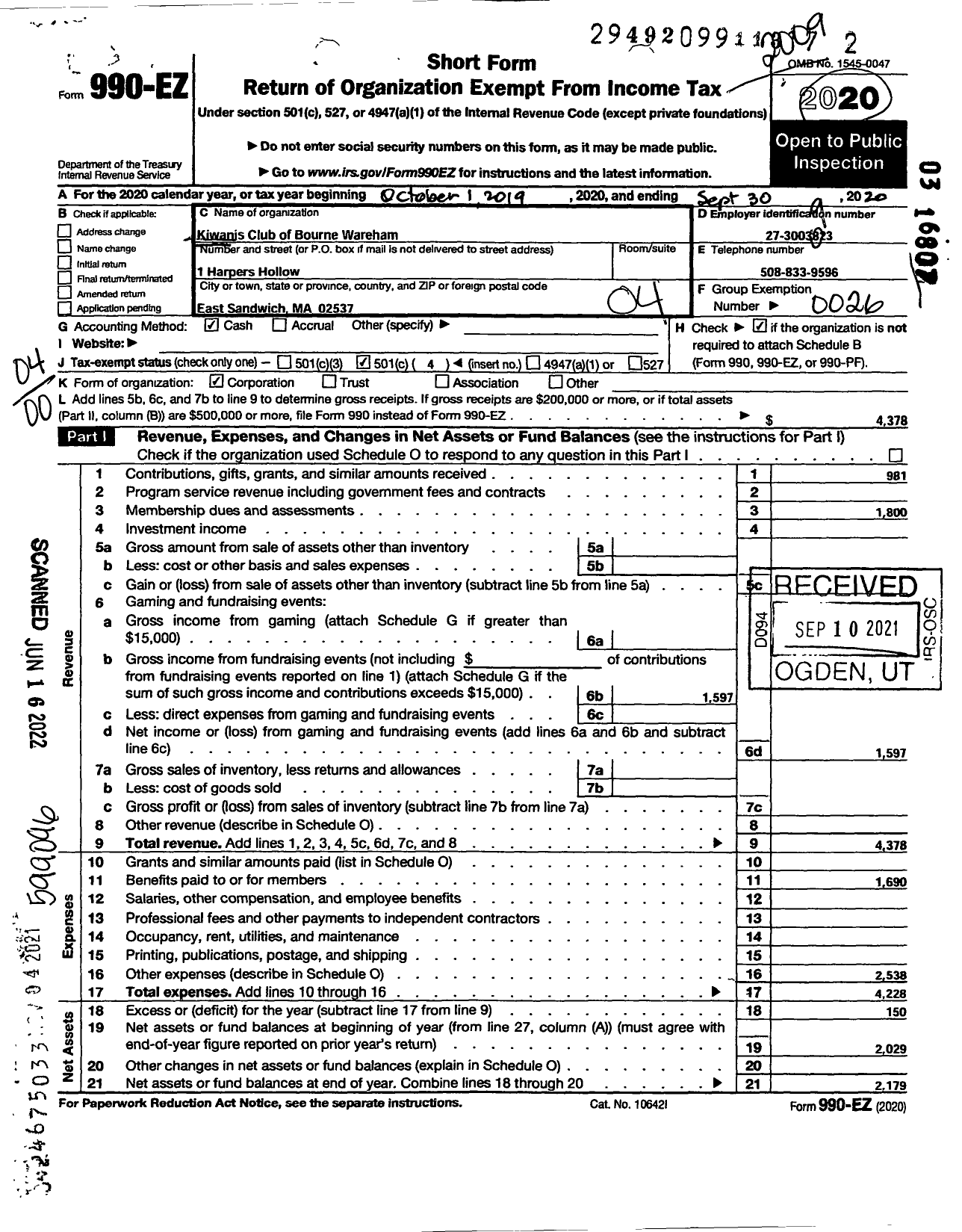 Image of first page of 2019 Form 990EO for Kiwanis International - K18071 Bourne Wareham