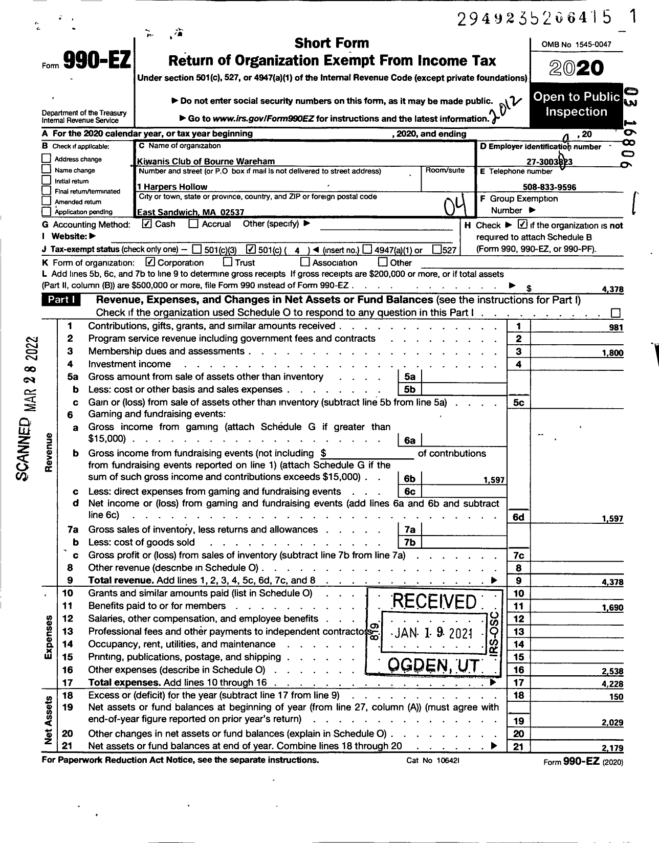 Image of first page of 2020 Form 990EO for Kiwanis International - K18071 Bourne Wareham