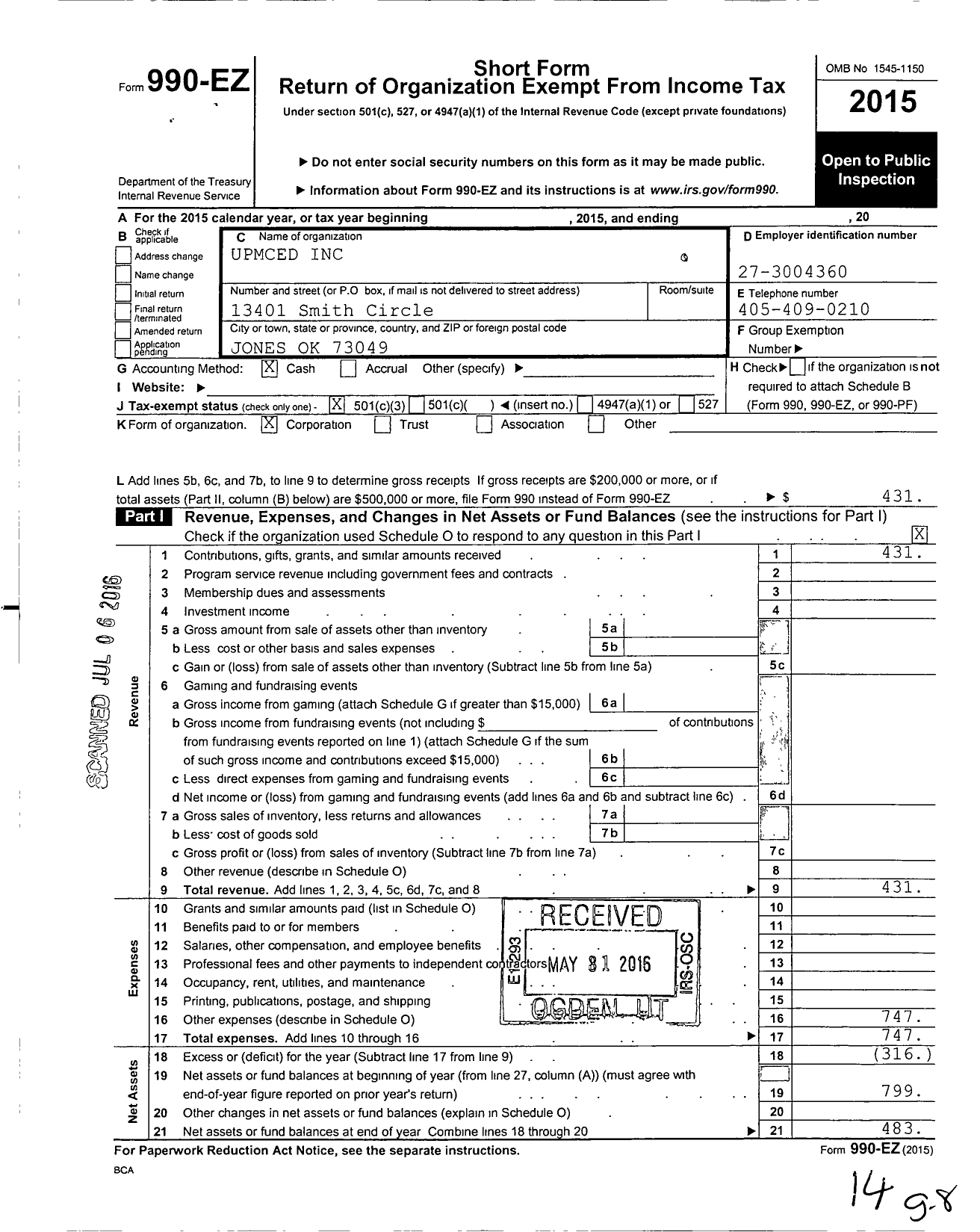 Image of first page of 2015 Form 990EZ for Upmced