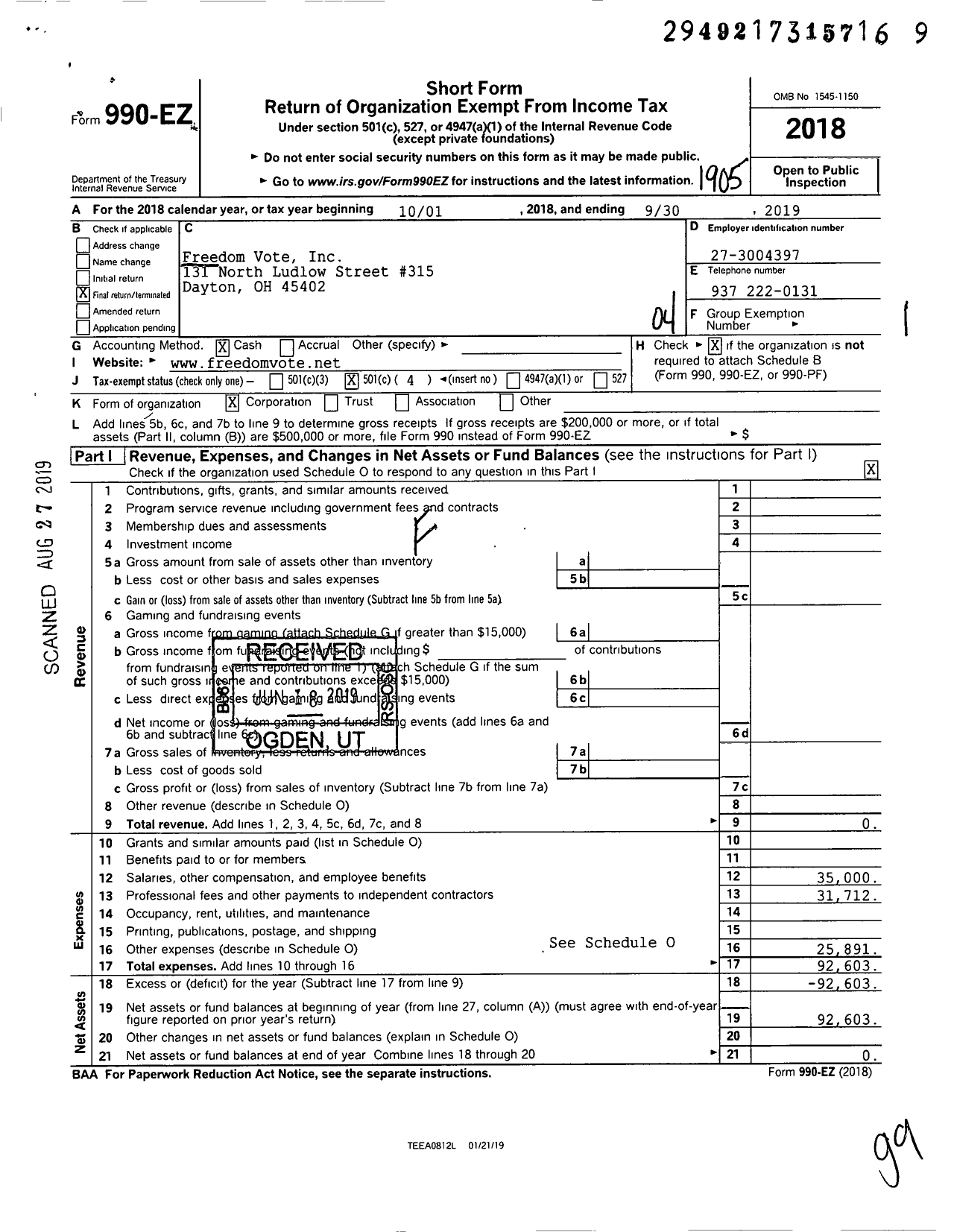 Image of first page of 2018 Form 990EO for Freedom Vote