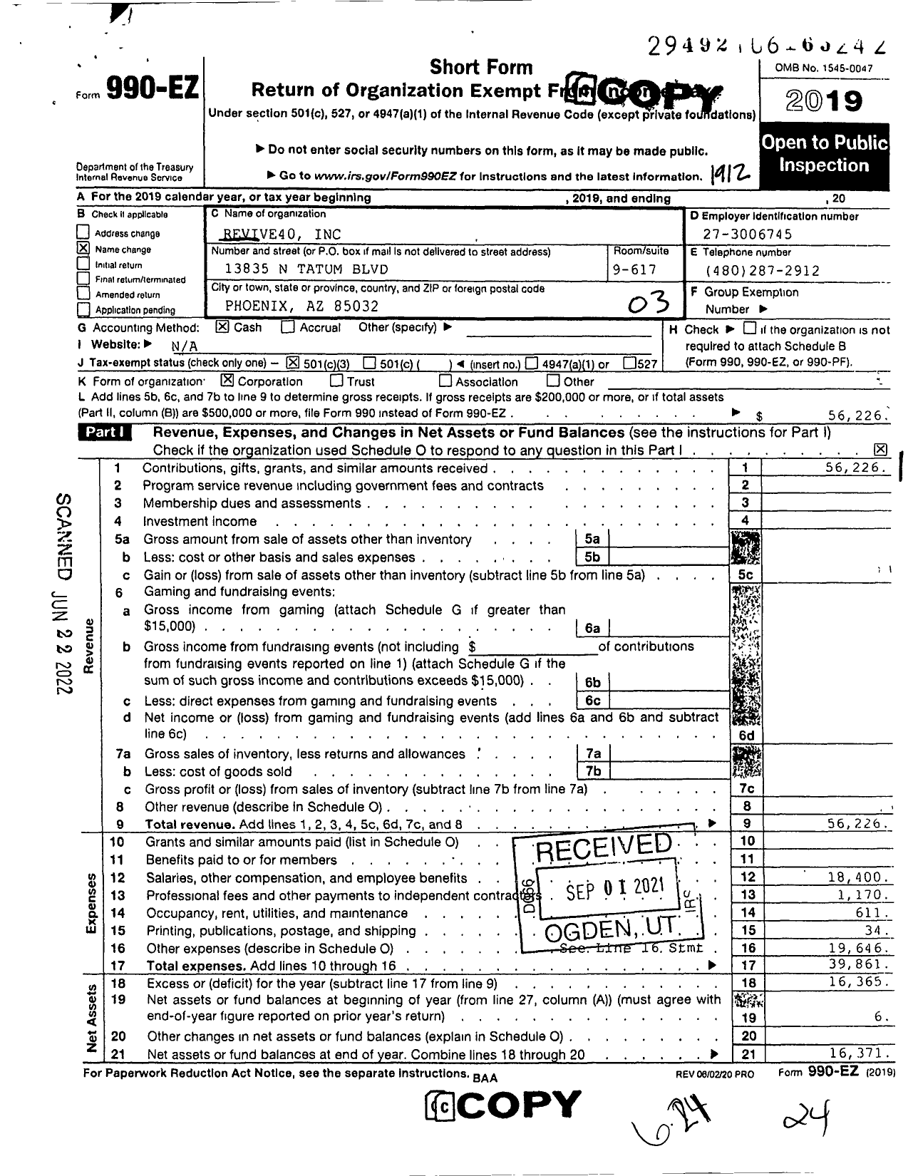 Image of first page of 2019 Form 990EZ for Revive40