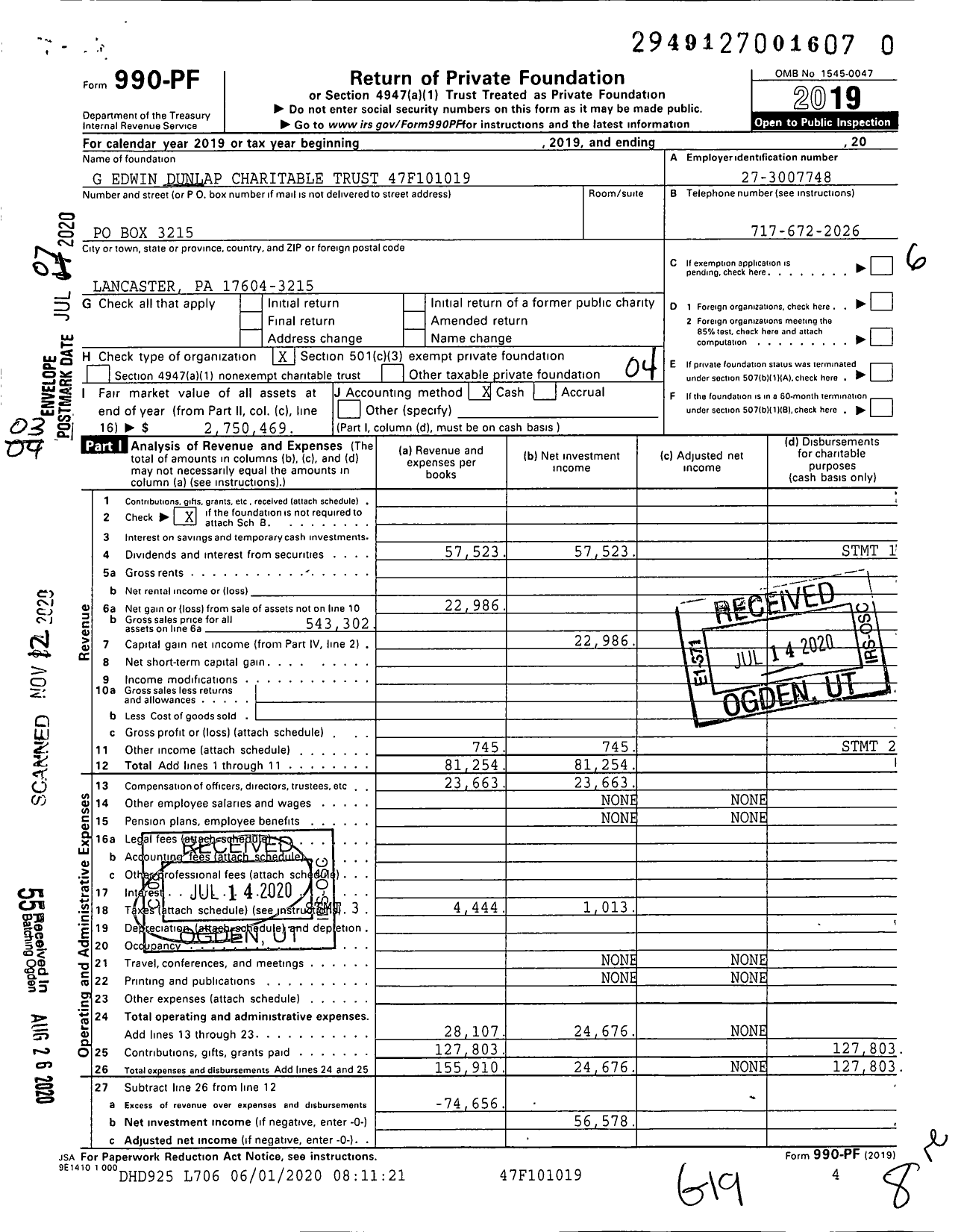 Image of first page of 2019 Form 990PF for G Edwin Dunlap Charitable Trust 47f101019