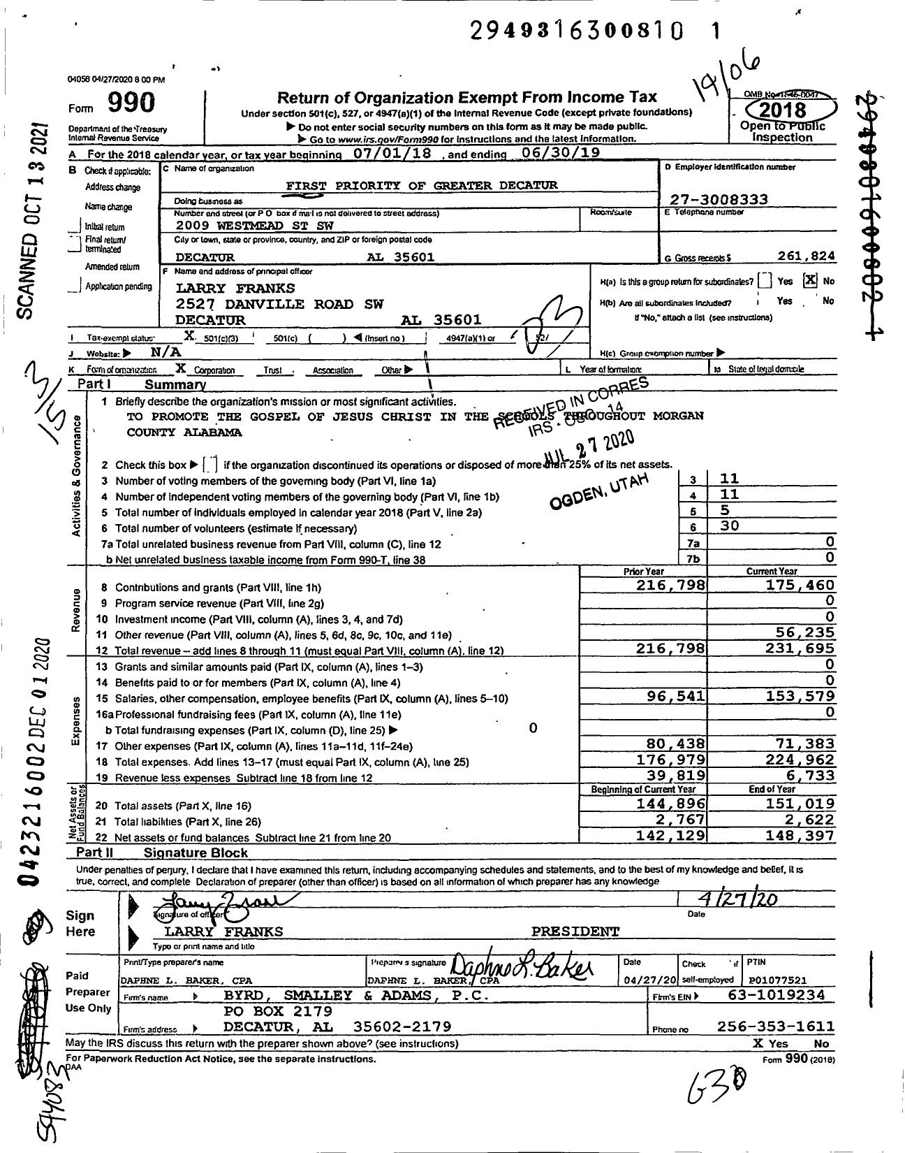 Image of first page of 2018 Form 990 for First Priority of Greater Decatur