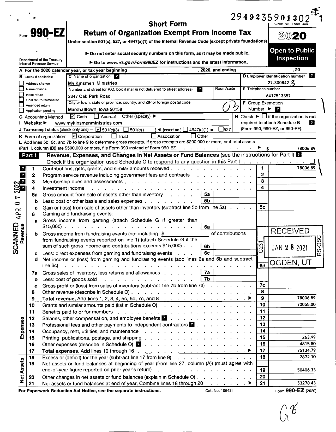 Image of first page of 2020 Form 990EZ for My Kinsmen Ministries