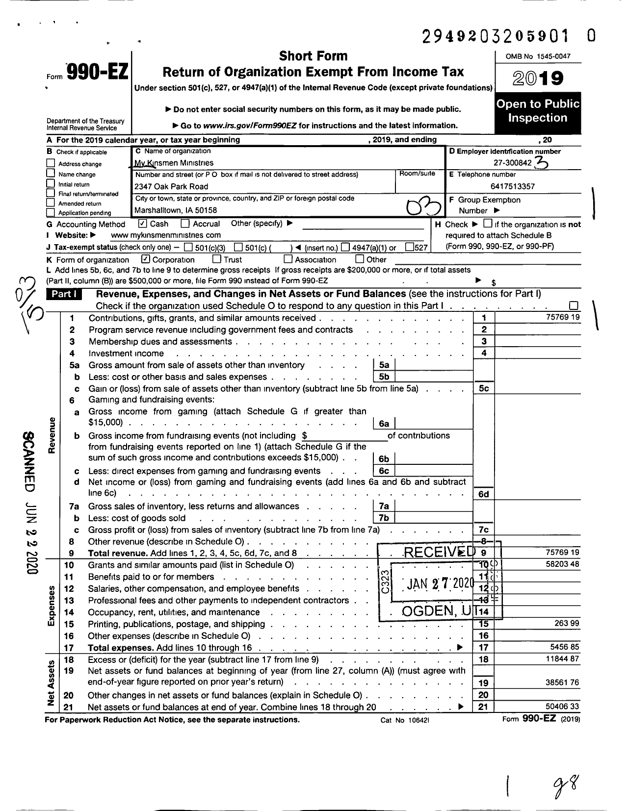 Image of first page of 2019 Form 990EZ for My Kinsmen Ministries