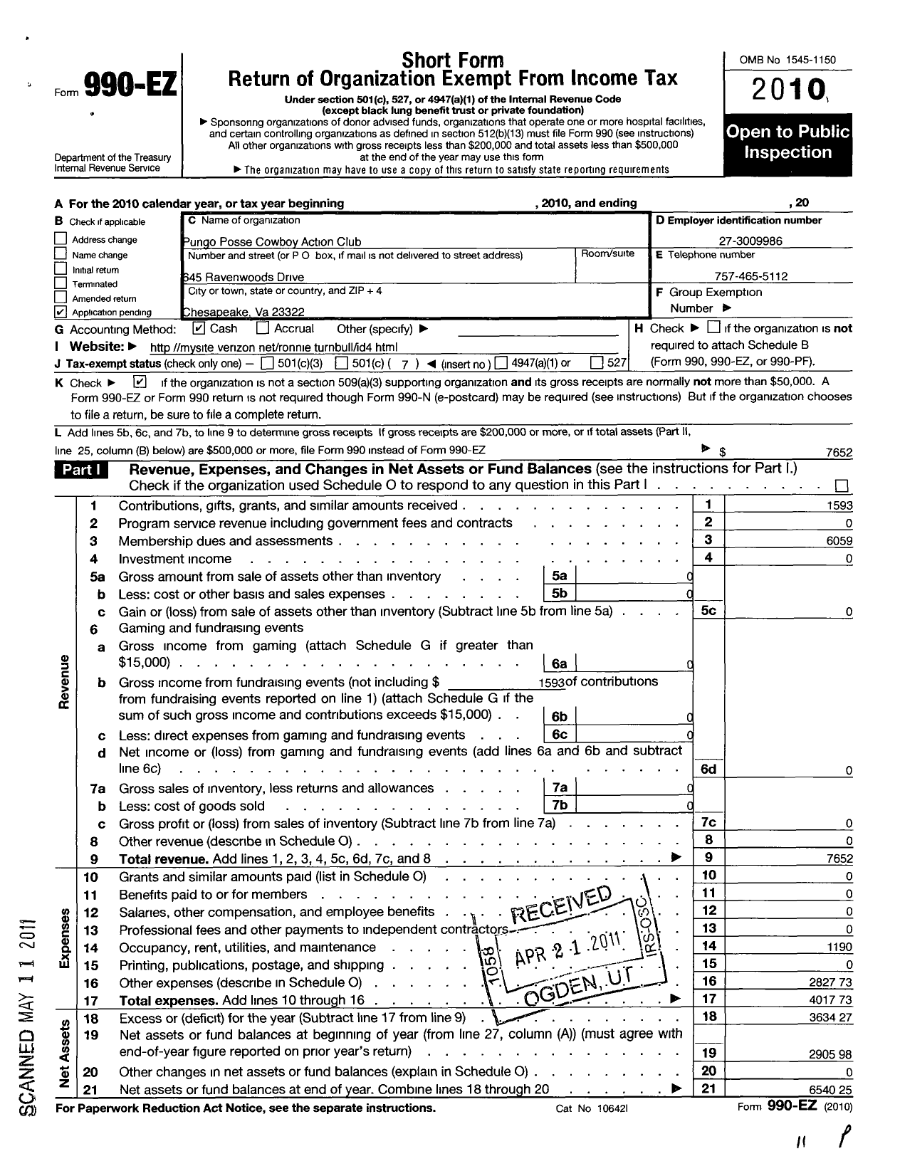 Image of first page of 2010 Form 990EO for Pungo Posse Cowboy Action Club