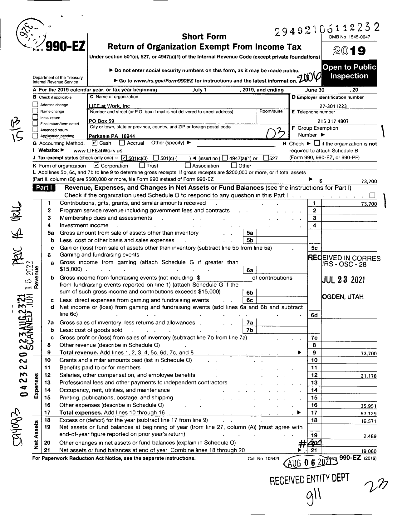 Image of first page of 2019 Form 990EZ for Life at Work