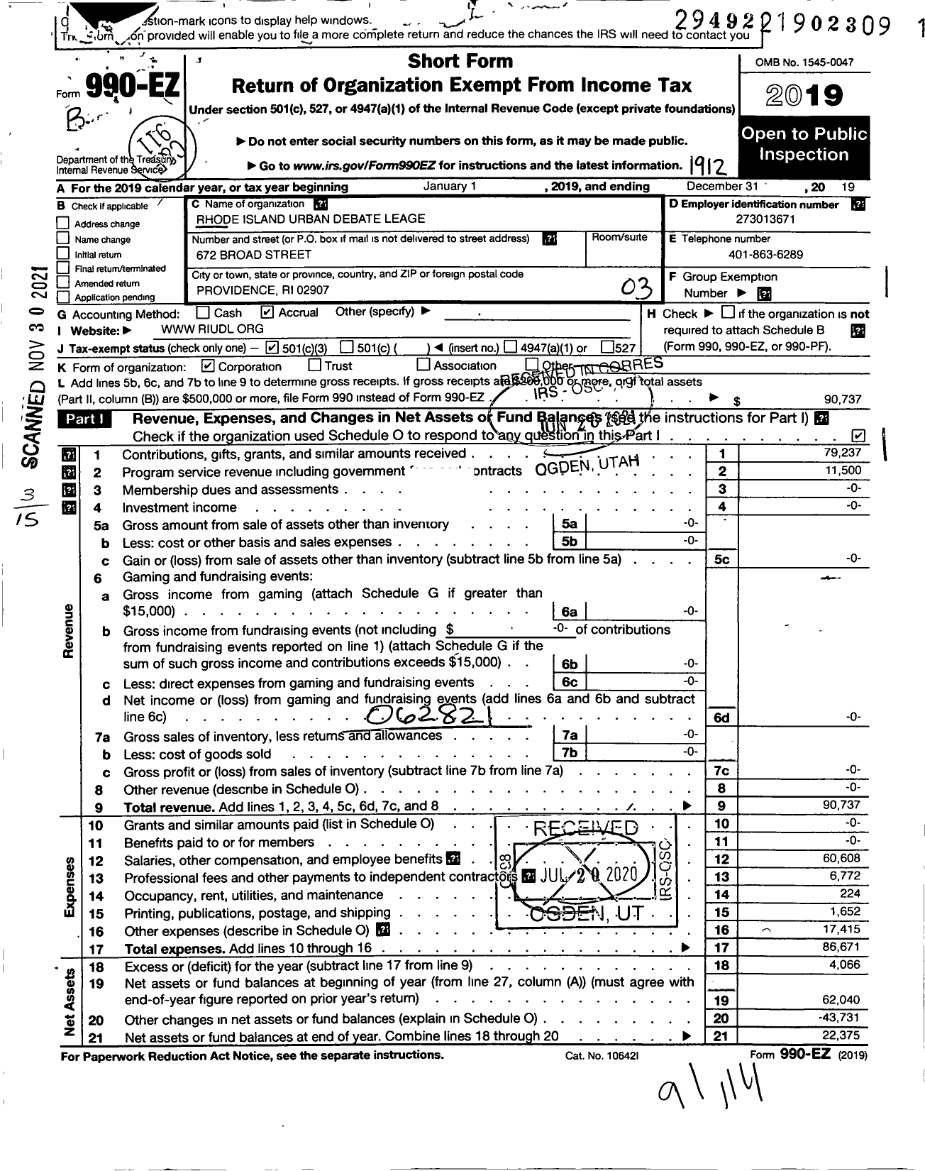 Image of first page of 2019 Form 990EZ for Rhode Island Urban Debate League