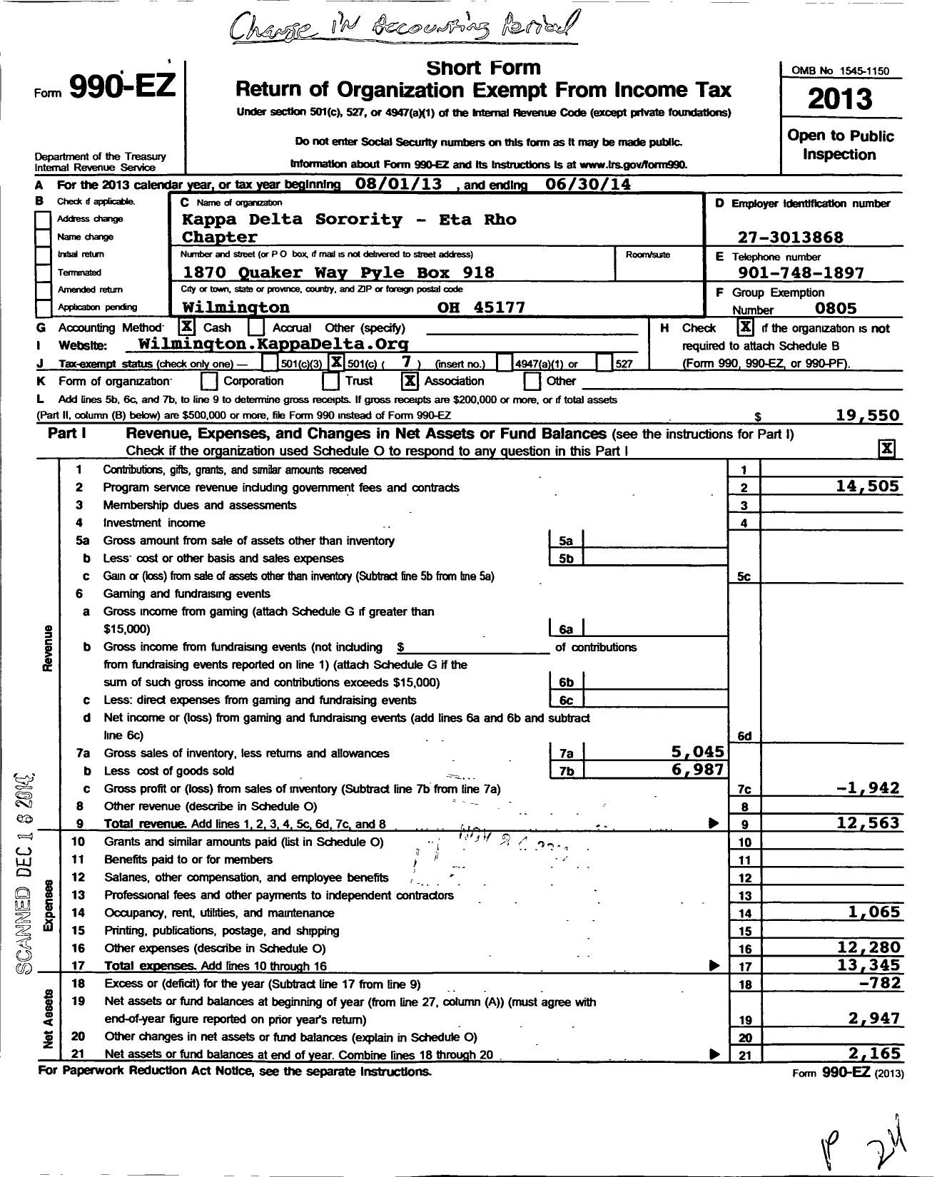 Image of first page of 2013 Form 990EO for Kappa Delta Sorority - Eta Rho