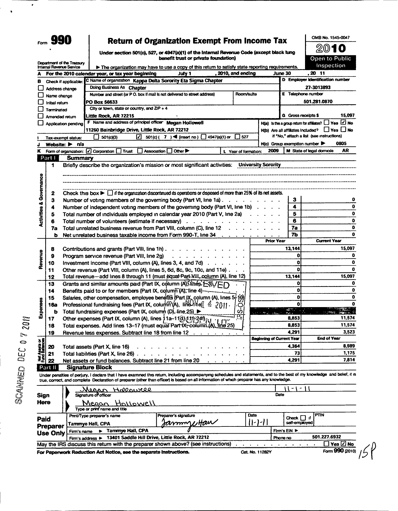 Image of first page of 2010 Form 990O for Kappa Delta Sorority - Chapter