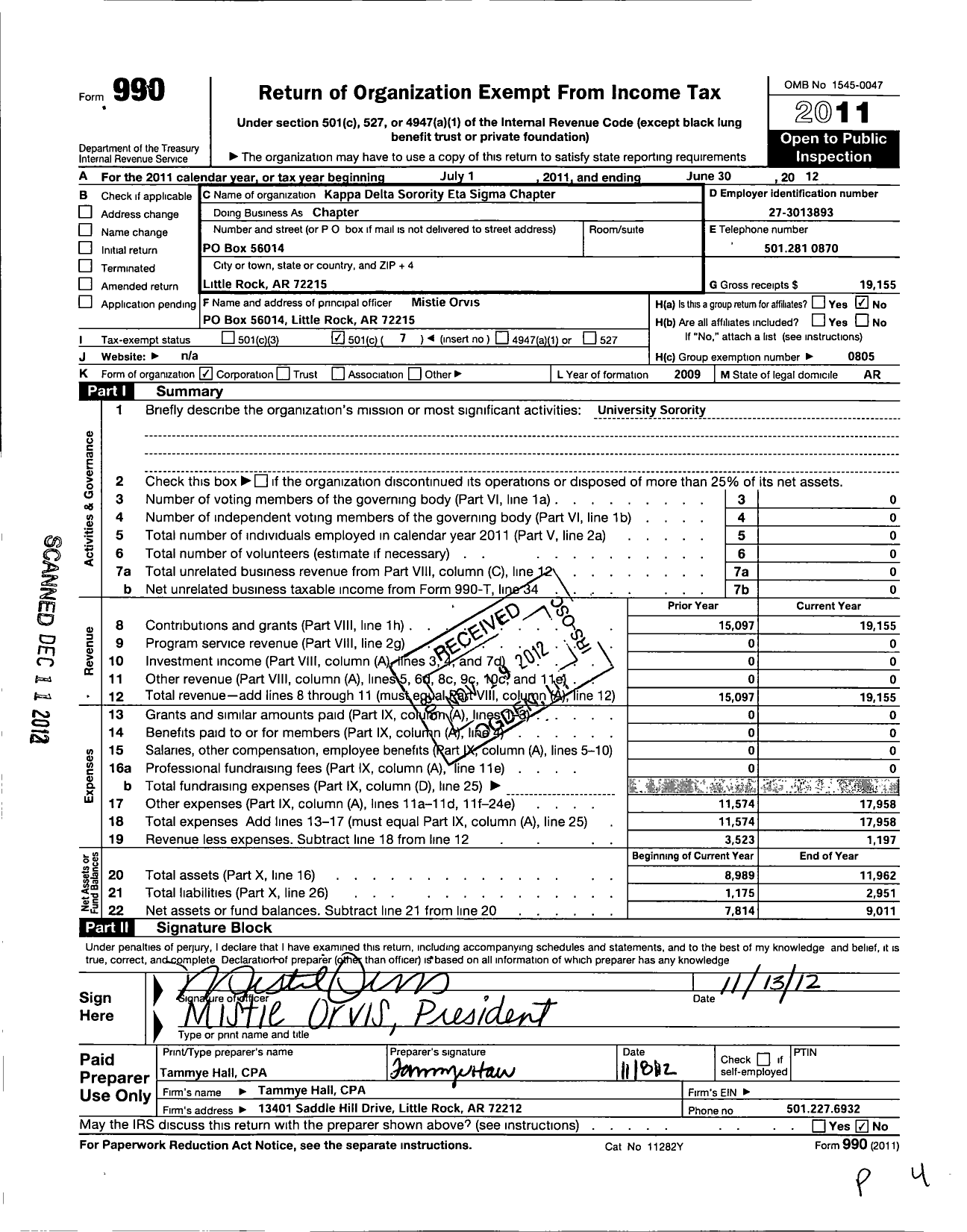 Image of first page of 2011 Form 990O for Kappa Delta Sorority - Chapter