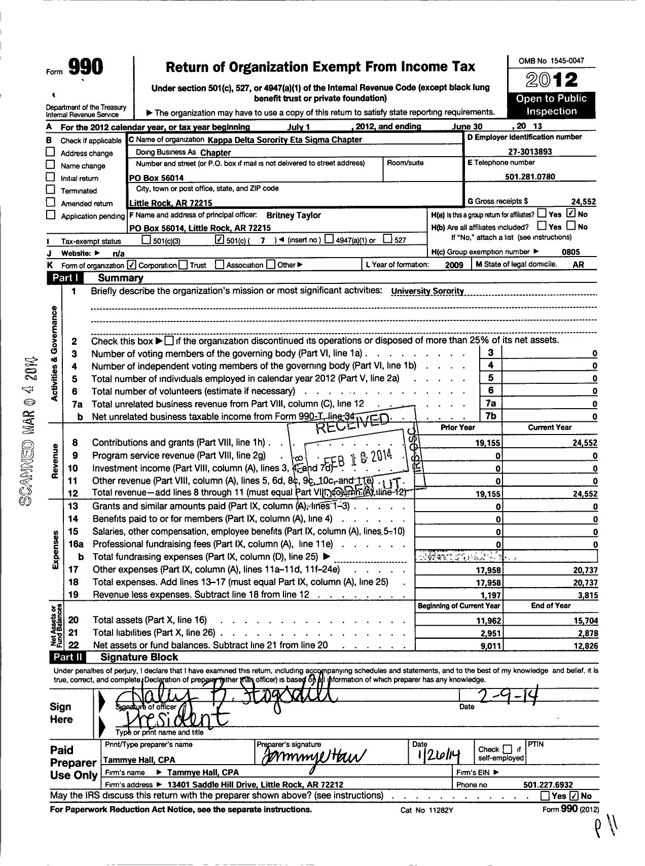 Image of first page of 2012 Form 990O for Kappa Delta Sorority - Chapter