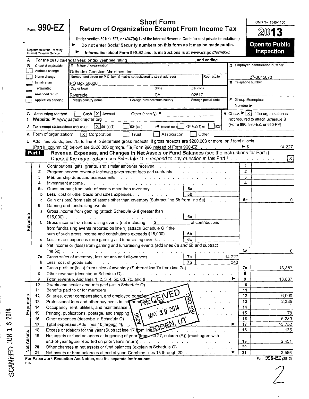 Image of first page of 2013 Form 990EZ for Orthodox Christian Ministries / Patristic Nectar Publications