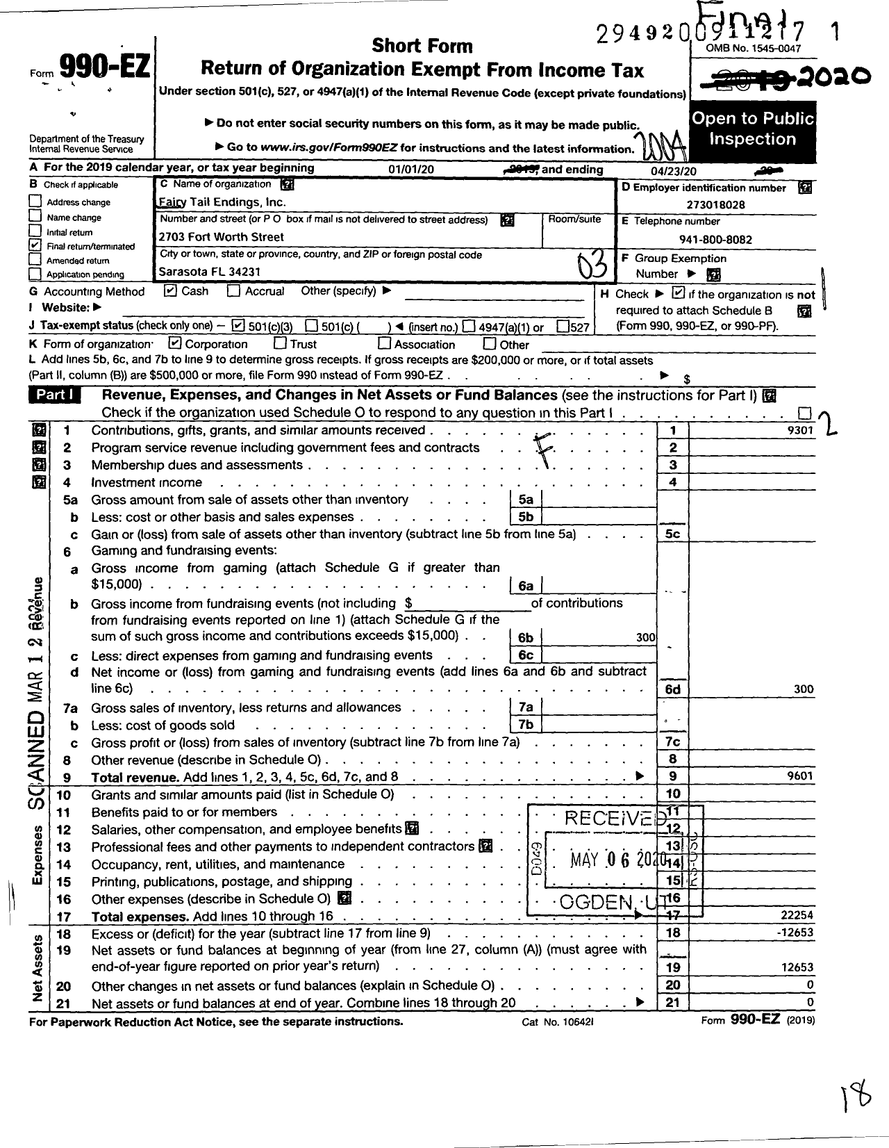 Image of first page of 2019 Form 990EZ for Fairy Tail Endings