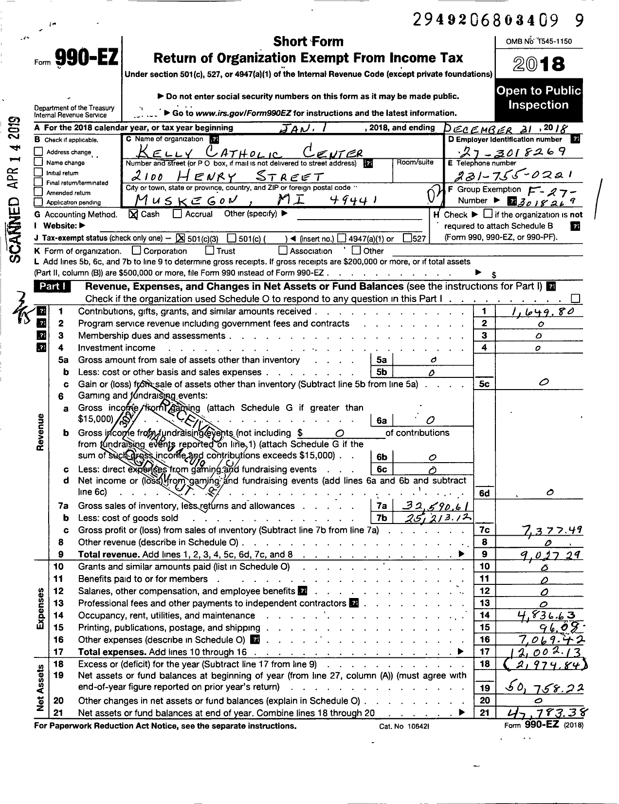 Image of first page of 2018 Form 990EZ for Kelly Catholic Center