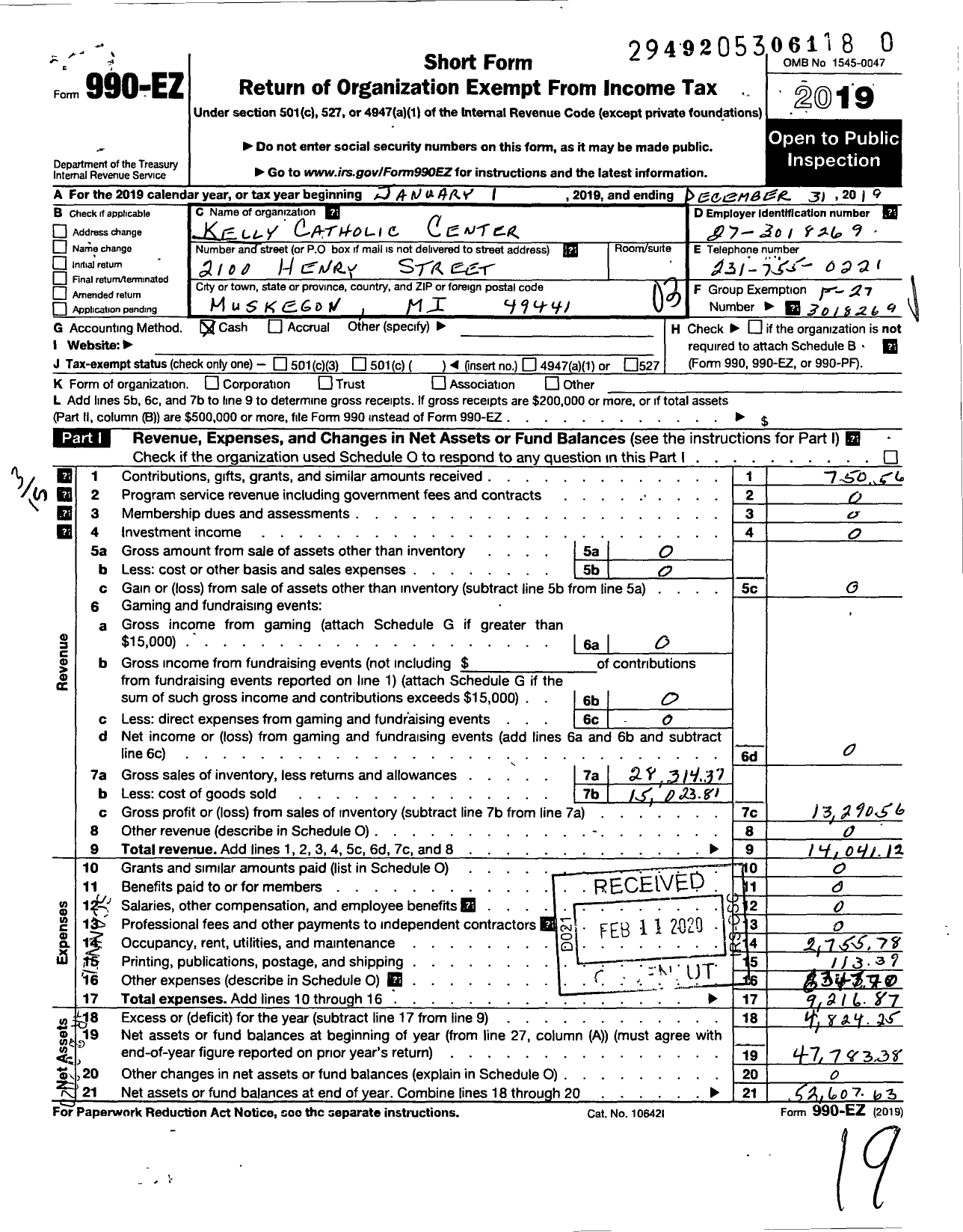 Image of first page of 2019 Form 990EZ for Kelly Catholic Center