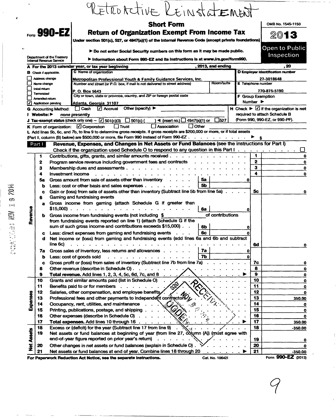 Image of first page of 2013 Form 990EZ for Metropolitan Professional Youth and Family Guidance Services