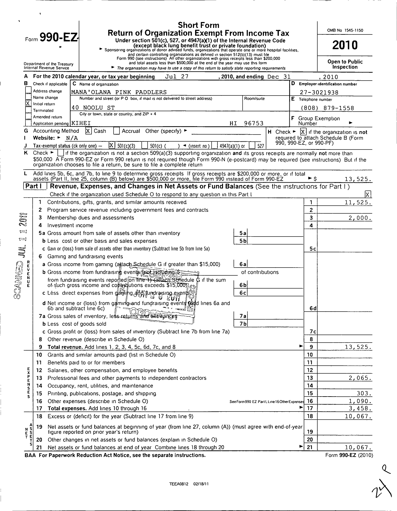 Image of first page of 2010 Form 990EZ for Mana'olana Pink Paddlers