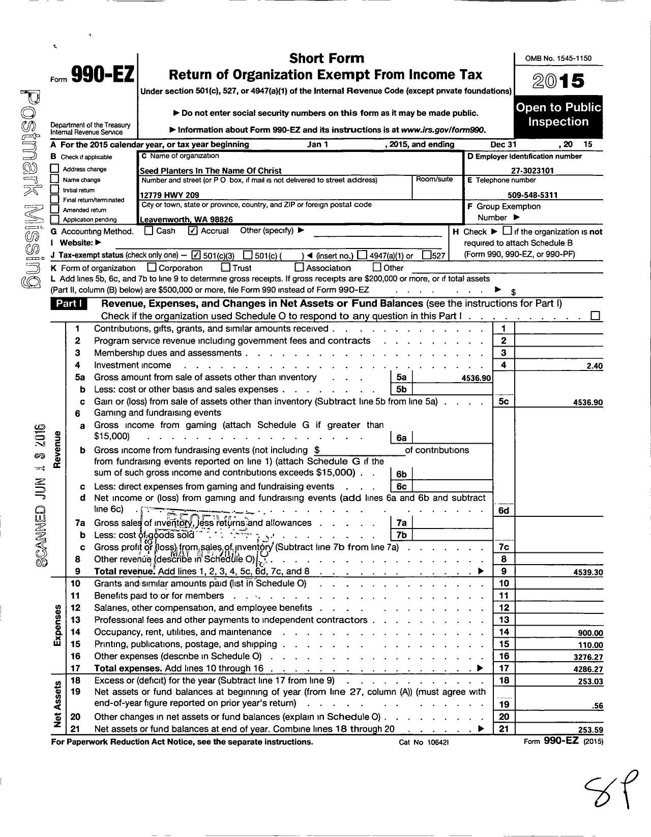 Image of first page of 2015 Form 990EZ for Seed-Planters-Inthe-Name-Of-Christ