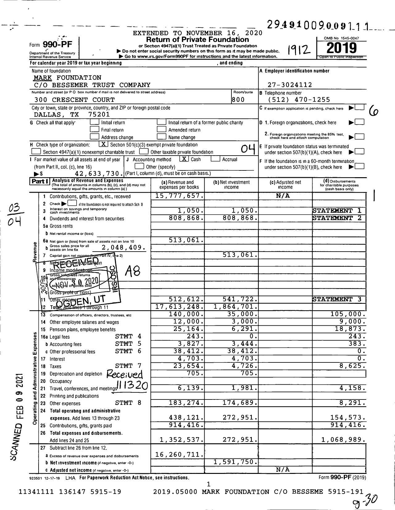Image of first page of 2019 Form 990PF for Mark Foundation