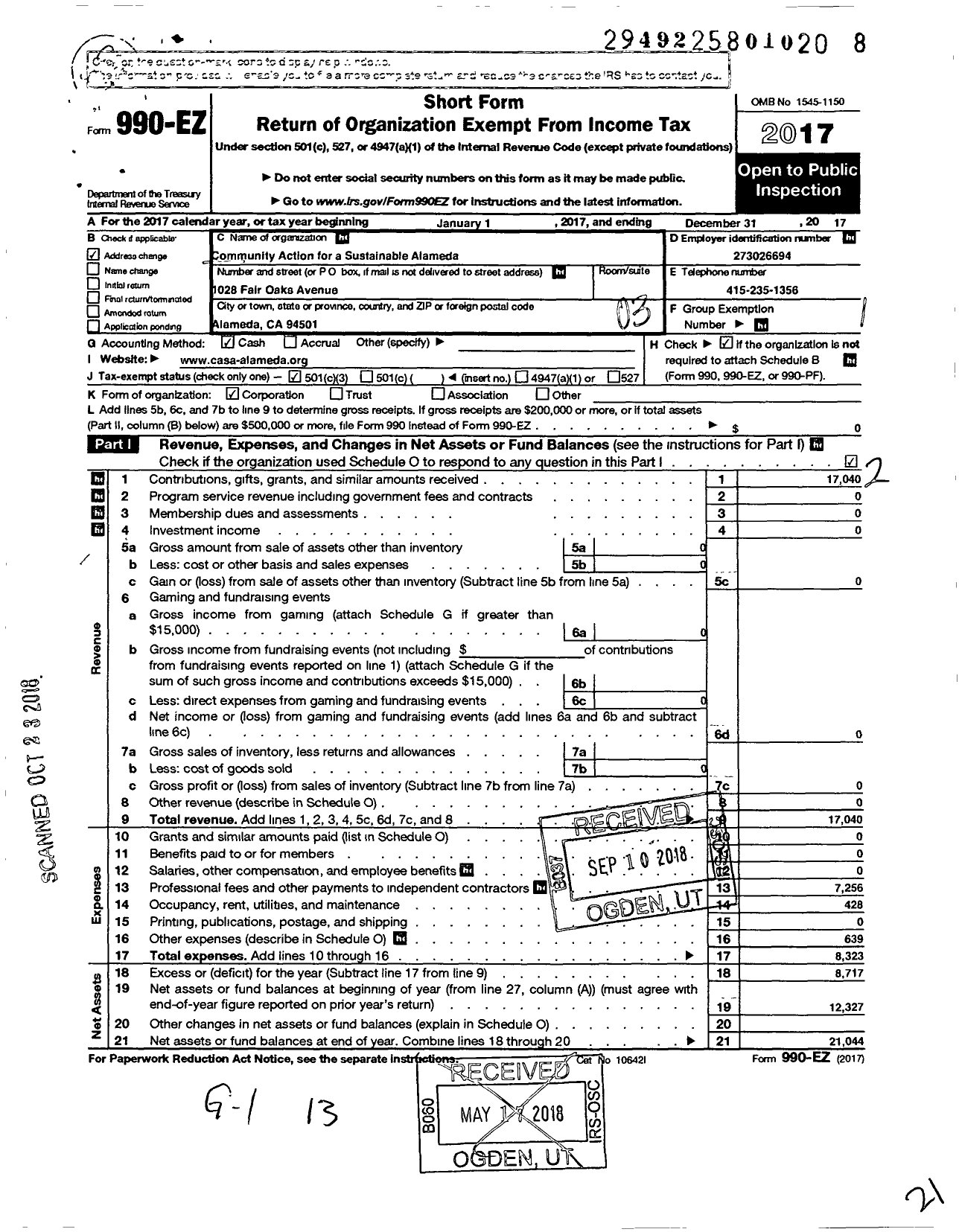 Image of first page of 2017 Form 990EZ for Community Action for A Sustainable Alameda