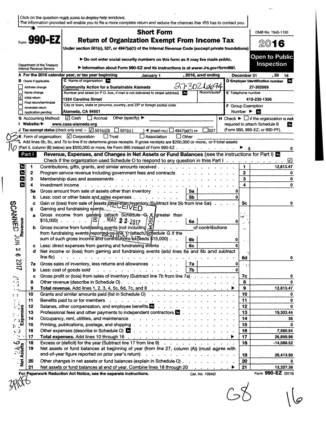 Image of first page of 2016 Form 990EZ for Community Action for A Sustainable Alameda