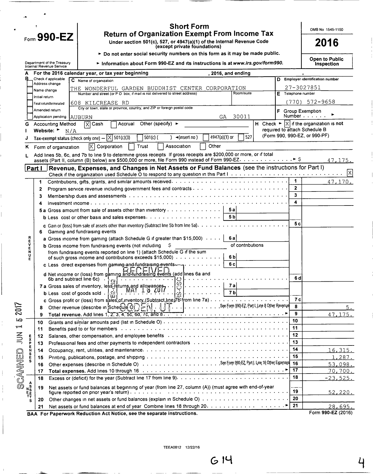 Image of first page of 2016 Form 990EZ for The Wonderful Garden Buddhist Meditation Center Corporation