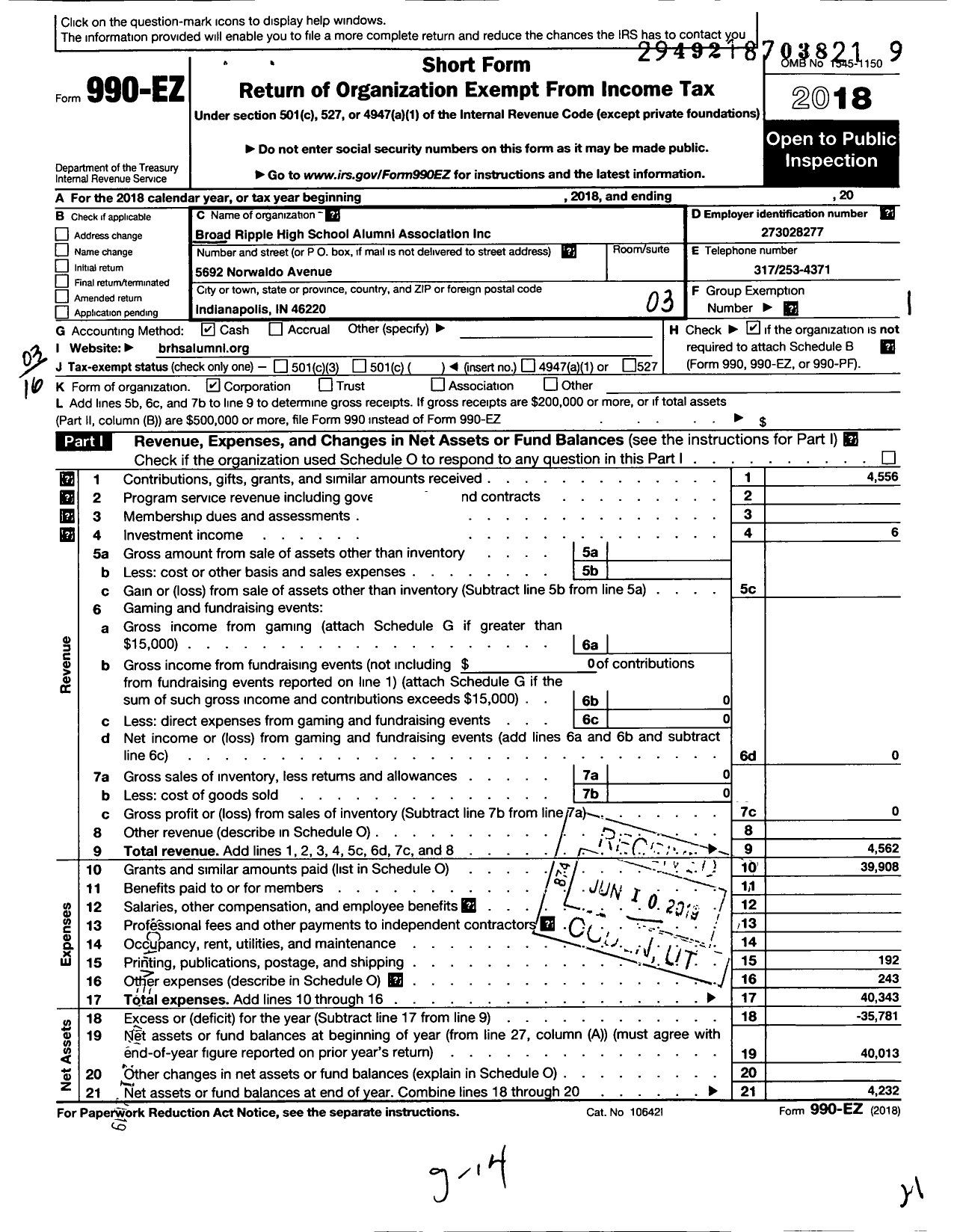 Image of first page of 2018 Form 990EZ for Broad Ripple High School Alumni Association