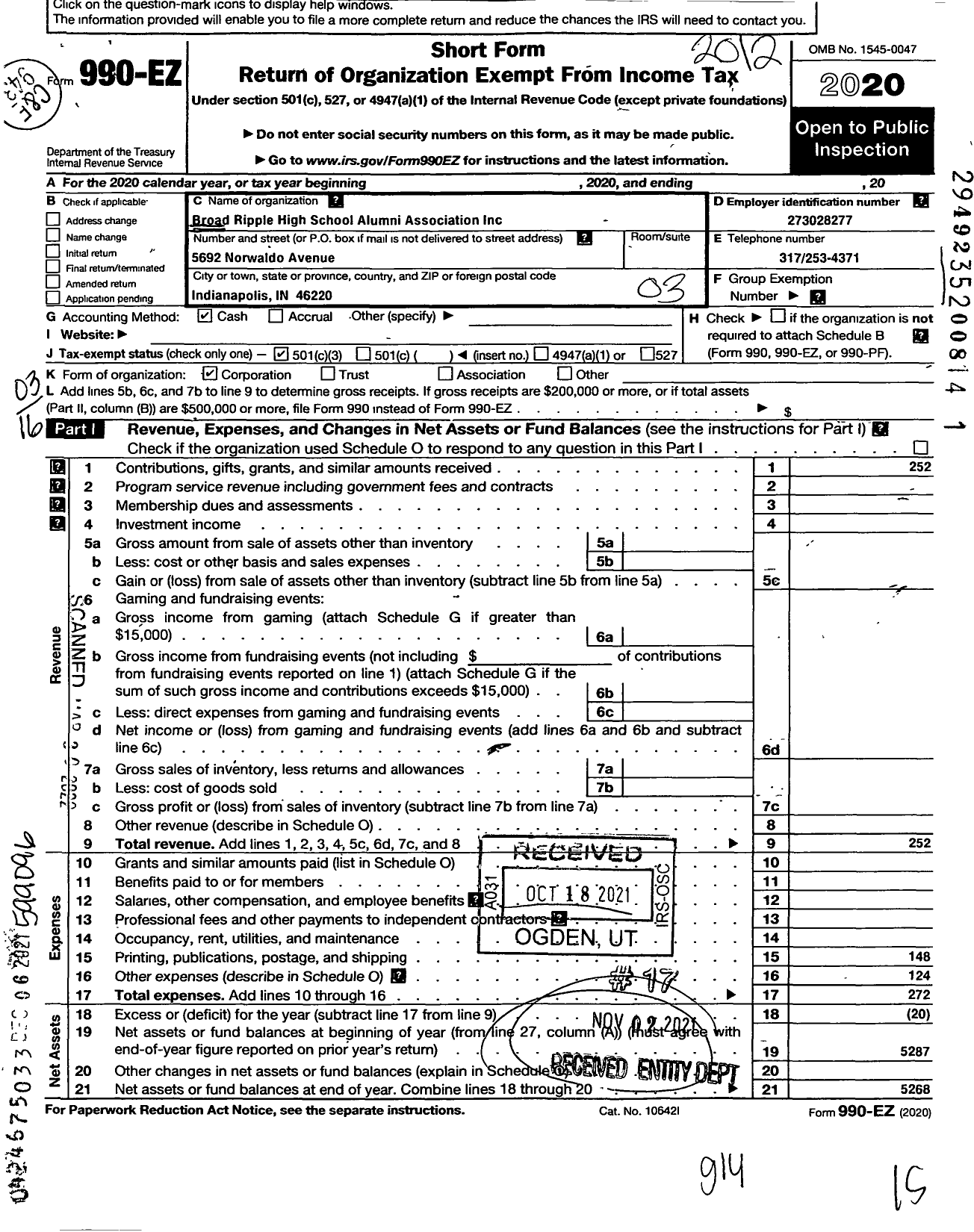 Image of first page of 2020 Form 990EZ for Broad Ripple High School Alumni Association