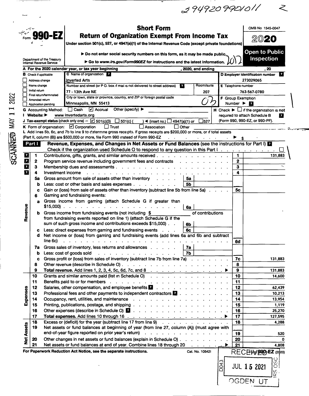 Image of first page of 2020 Form 990EZ for Inverted Arts