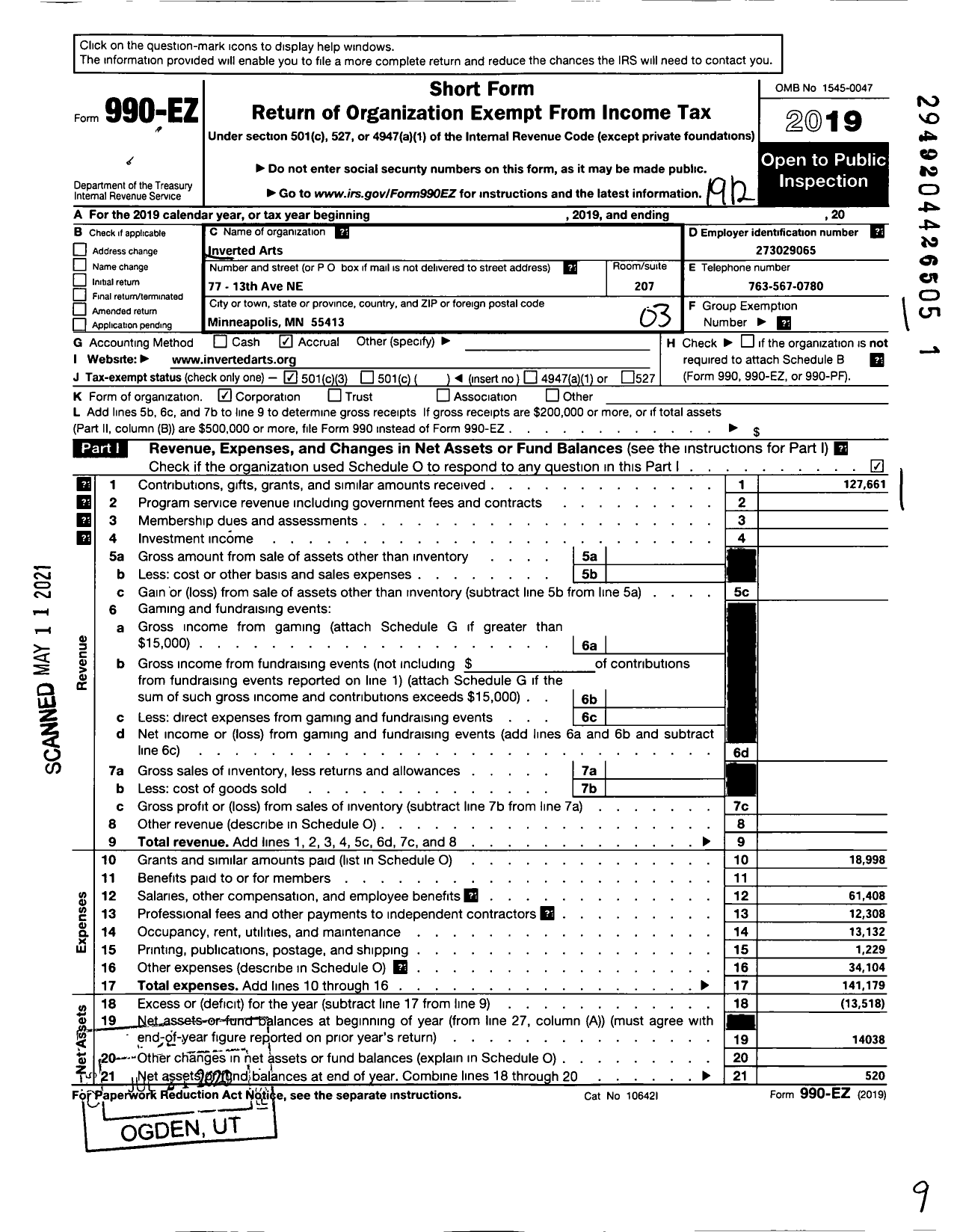 Image of first page of 2019 Form 990EZ for Inverted Arts