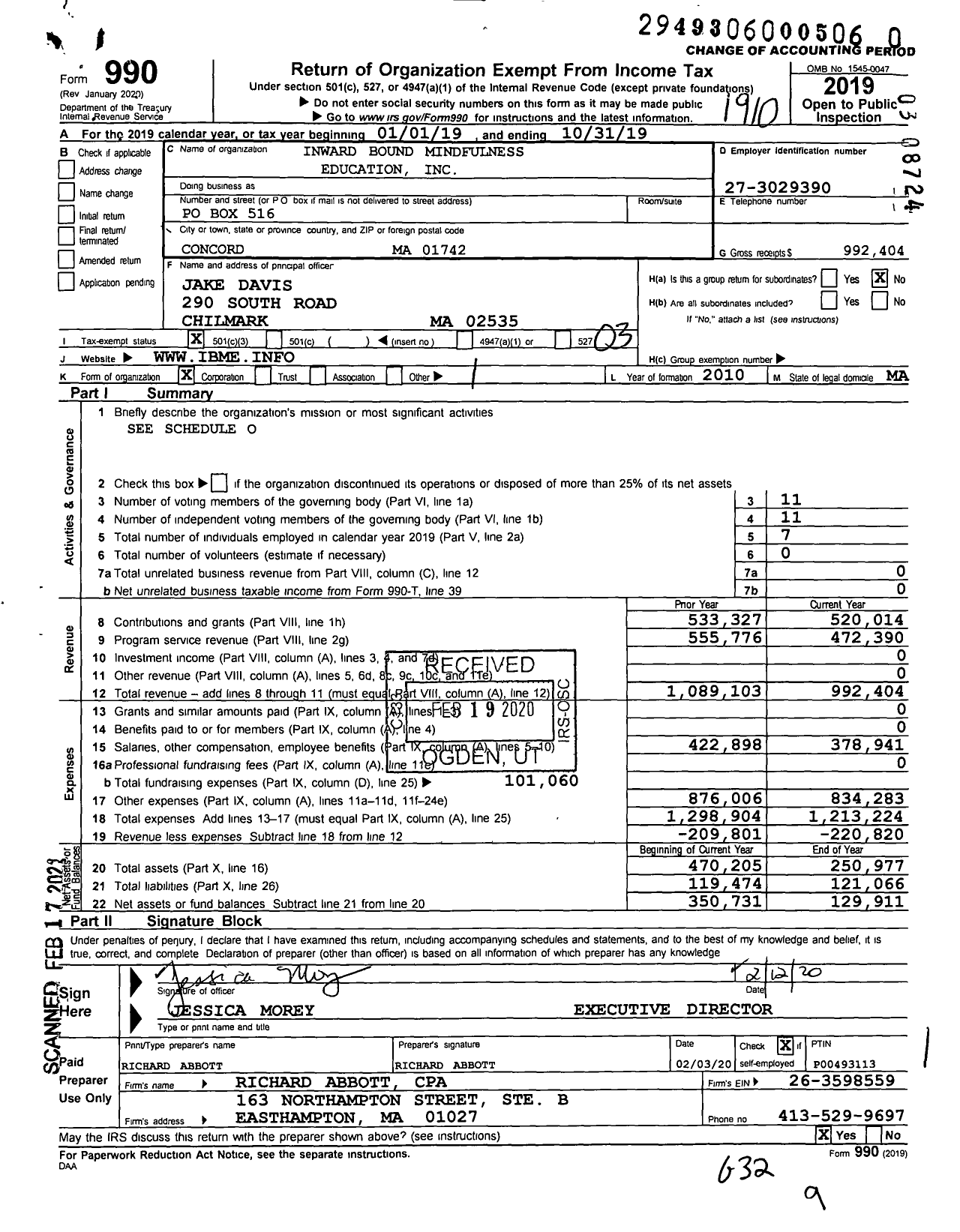 Image of first page of 2018 Form 990 for Inward Bound Mindfulness Education (IBME)