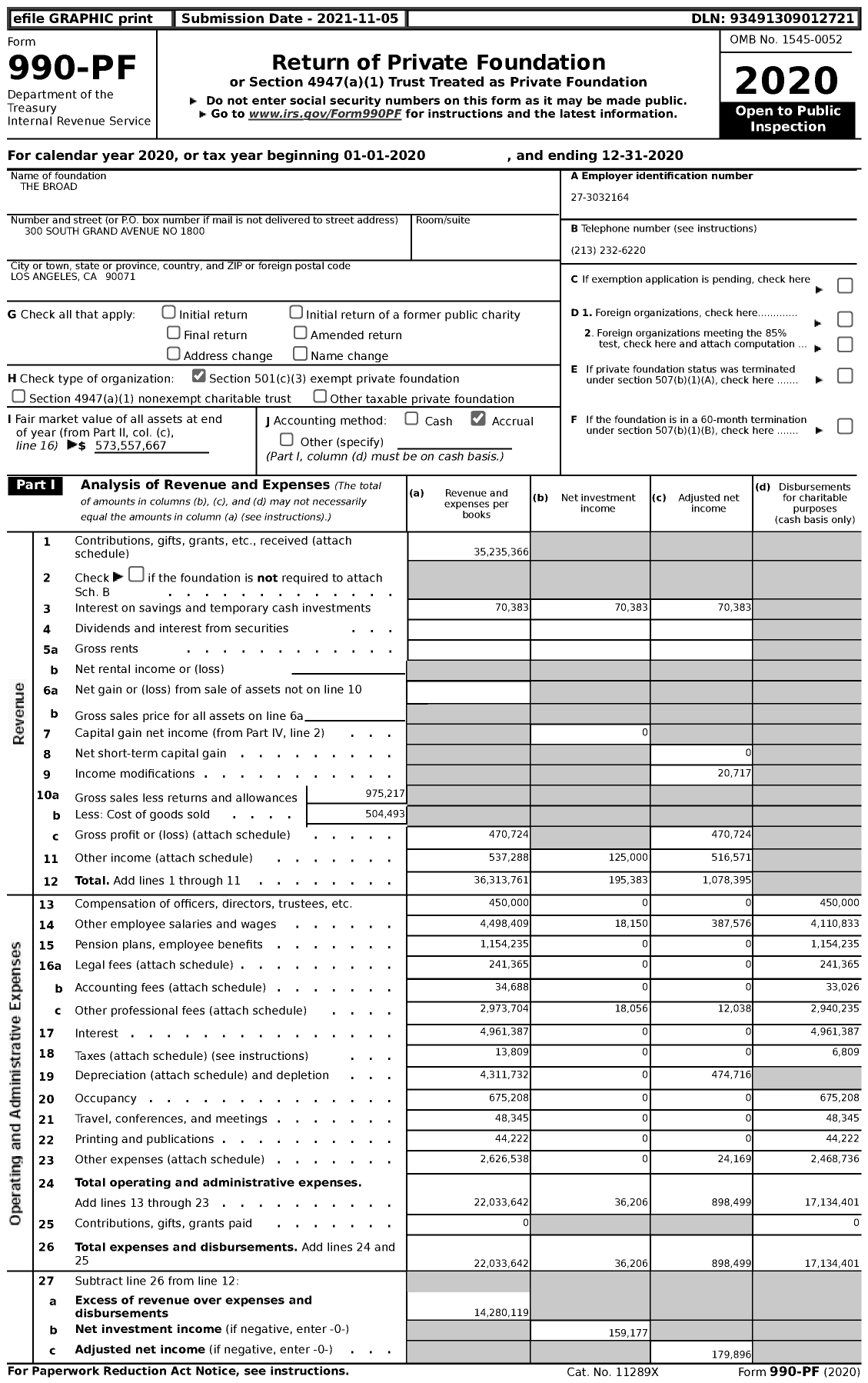 Image of first page of 2020 Form 990PF for The Broad