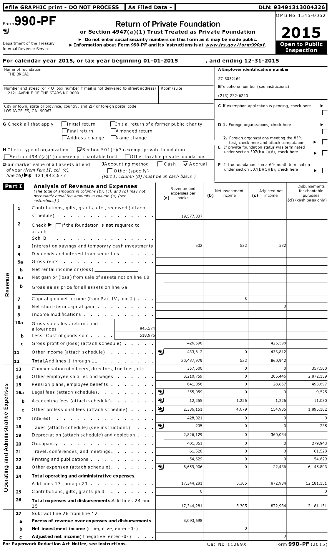 Image of first page of 2015 Form 990PF for The Broad