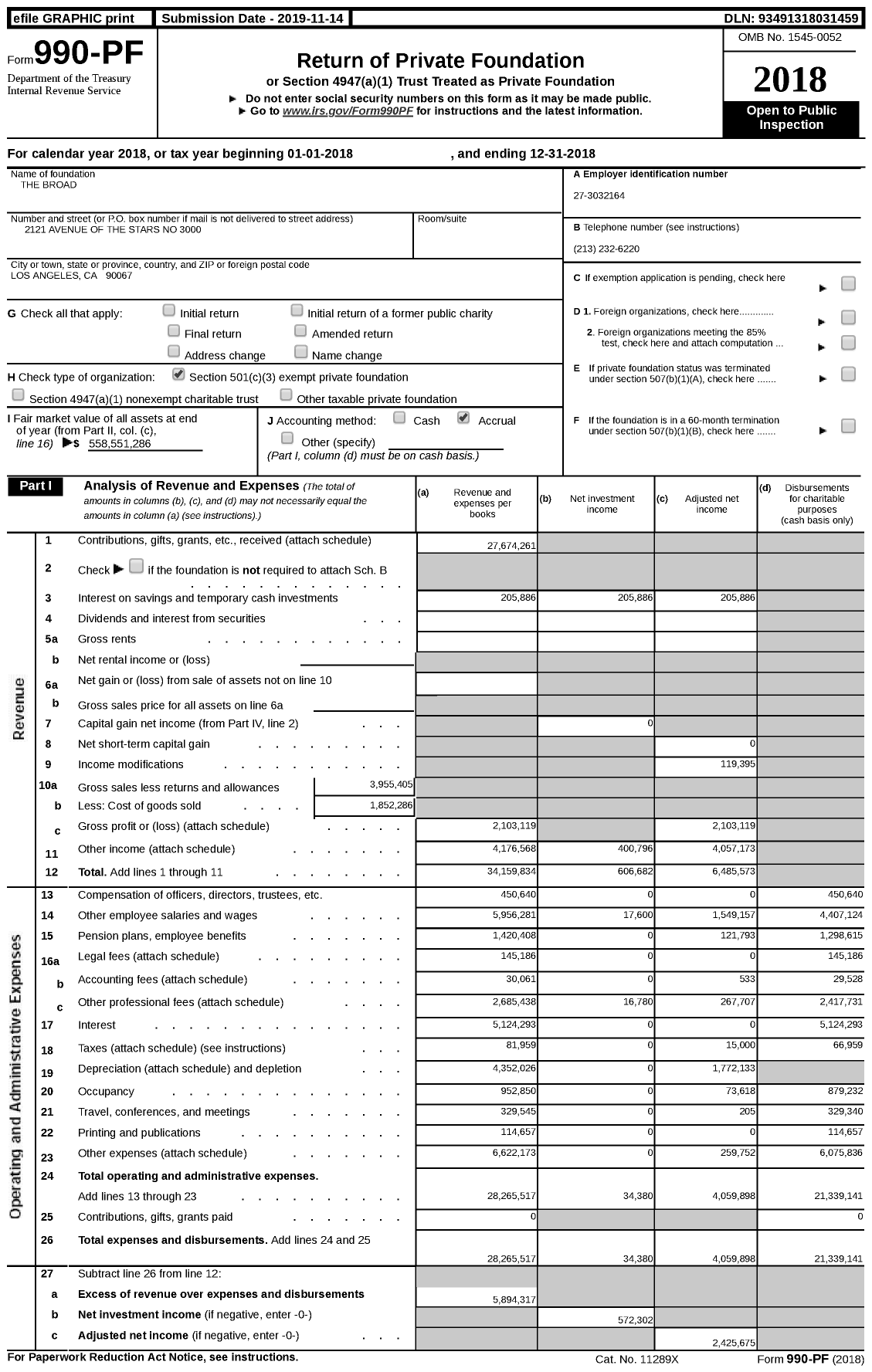 Image of first page of 2018 Form 990PF for The Broad