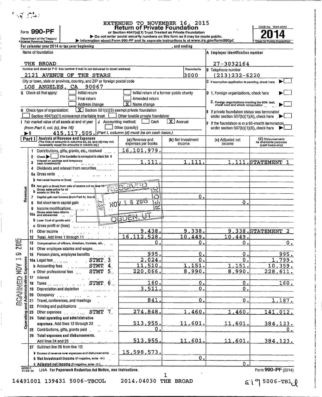 Image of first page of 2014 Form 990PF for The Broad