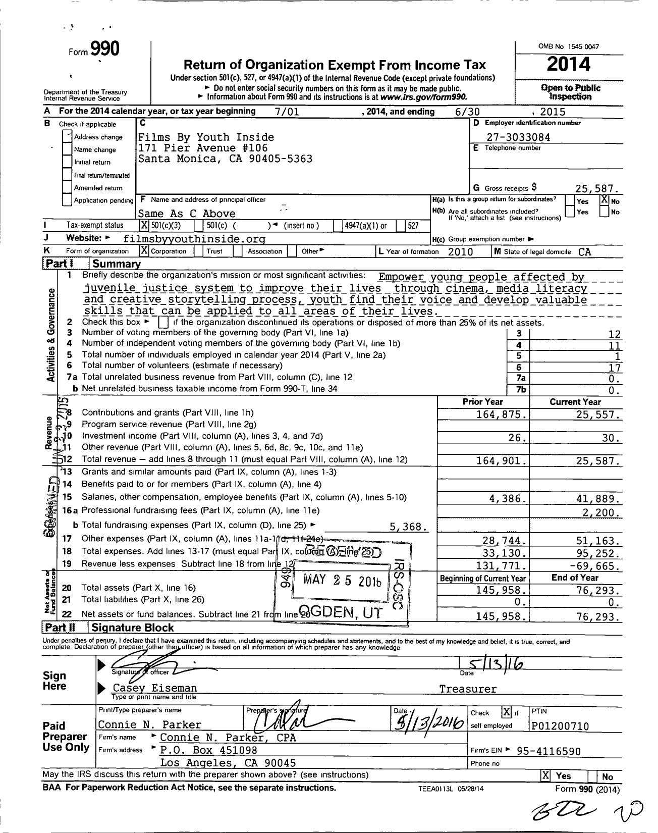 Image of first page of 2014 Form 990 for Films By Youth Inside (FYI)