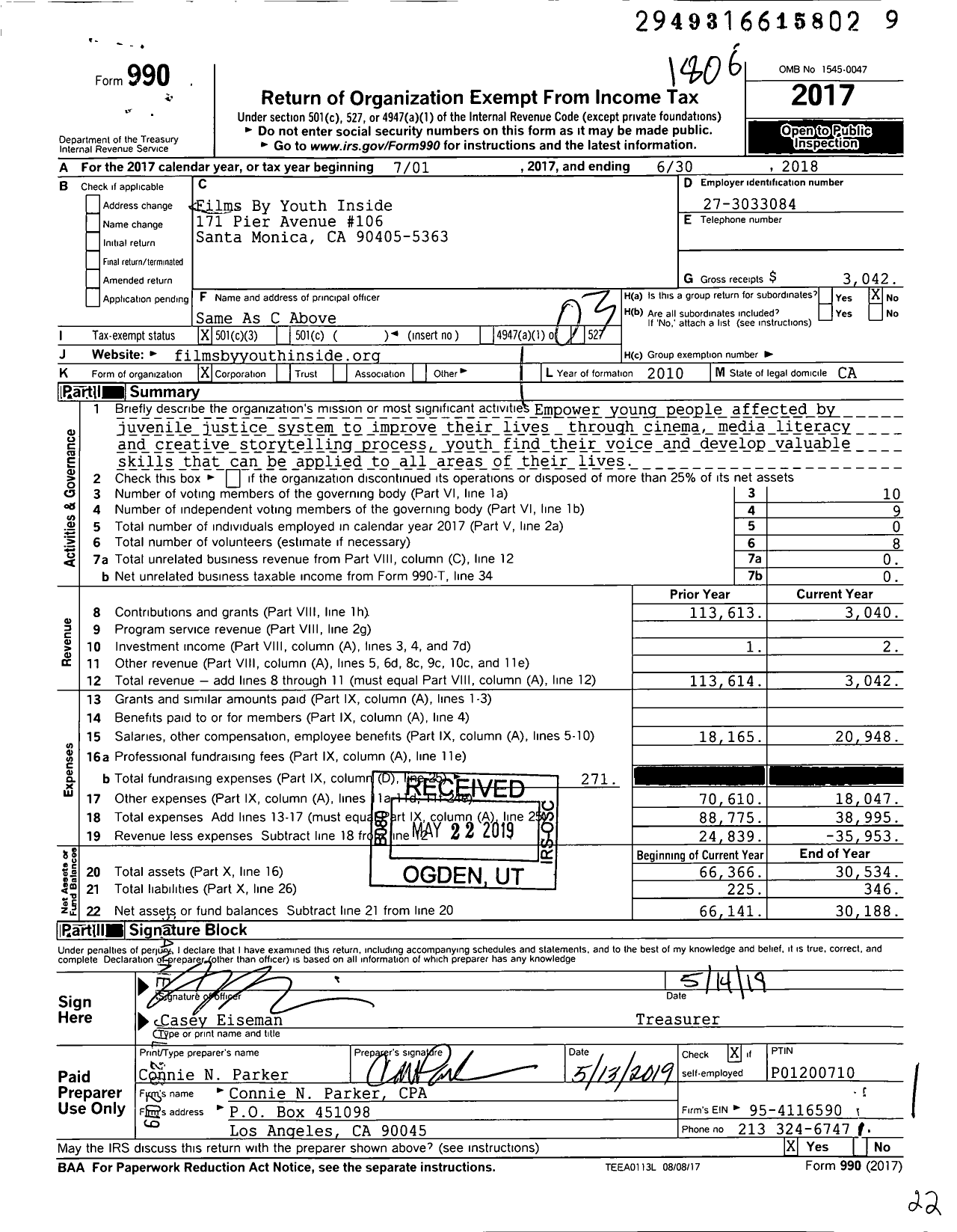 Image of first page of 2017 Form 990 for Films By Youth Inside (FYI)