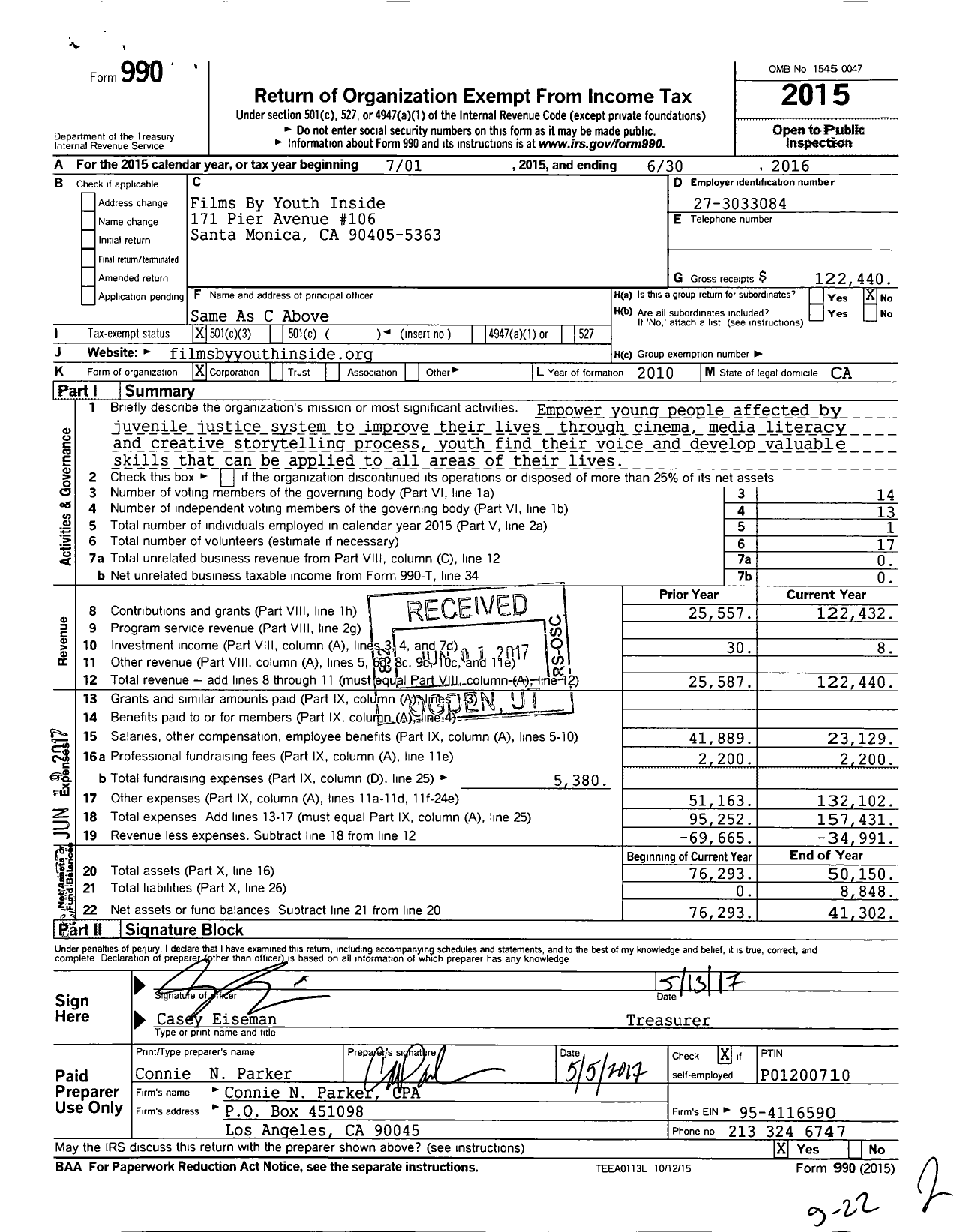 Image of first page of 2015 Form 990 for Films By Youth Inside (FYI)